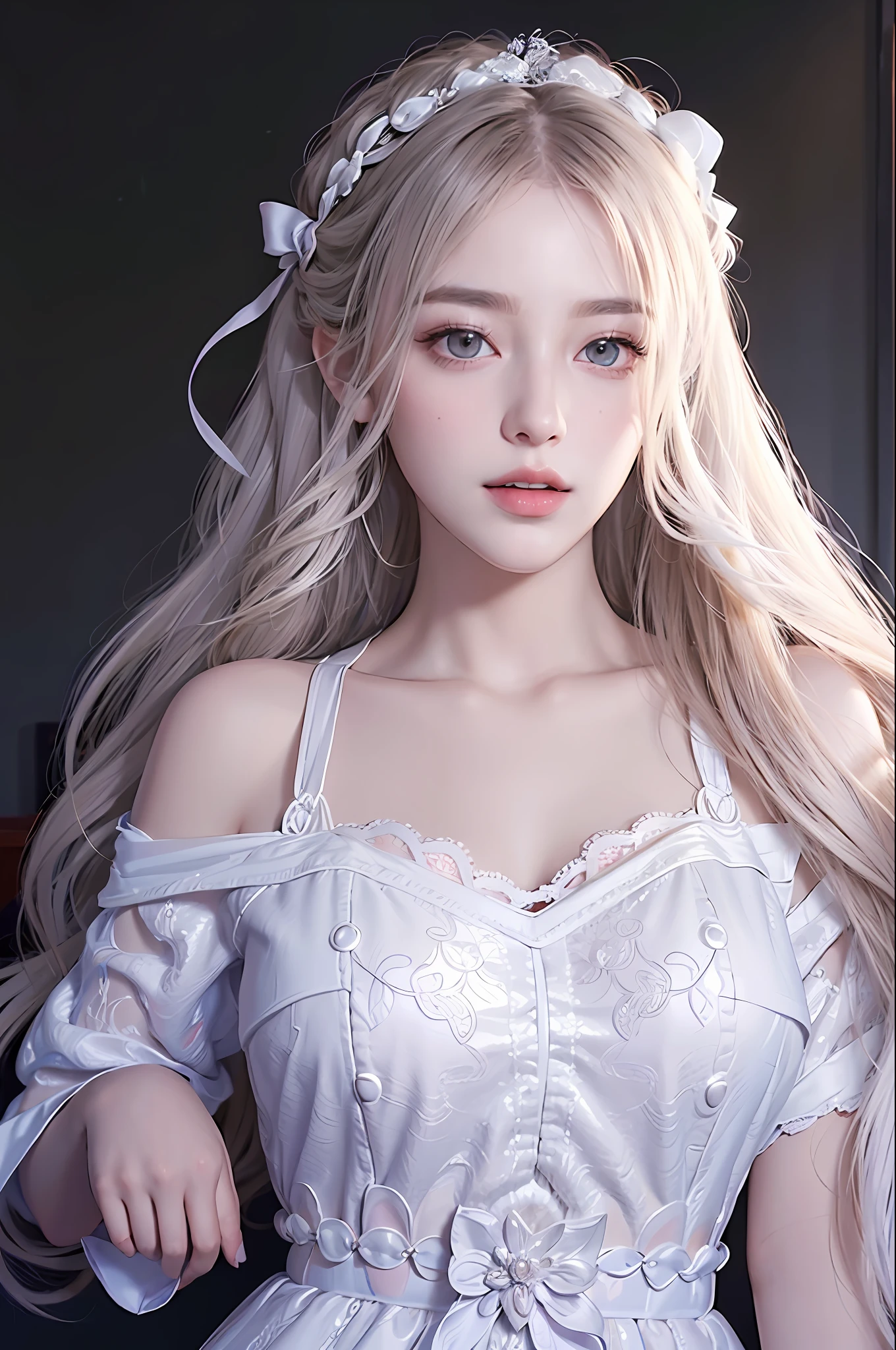 (Long hair: 1.6), Floating hair, (White ribbon on hair), Best Quality, Masterpiece, Illustration, Extremely Delicate Beautiful, Extremely Detailed, CG, Unity, 8k wallpaper, amazing, fine details, Masterpiece, Best quality, Official Art, Extremely detailed CG Unity 8k wallpaper, ridiculous, incredibly ridiculous, huge file size, super detailed, high resolution, extremely detailed, beautiful detailed girl, extremely detailed eyes and face, beautiful detail eyes, light on face, 1 girl , screen background, masterpiece, ultra-realistic, 32k, extremely detailed CG Unity 8k wallpaper, best quality