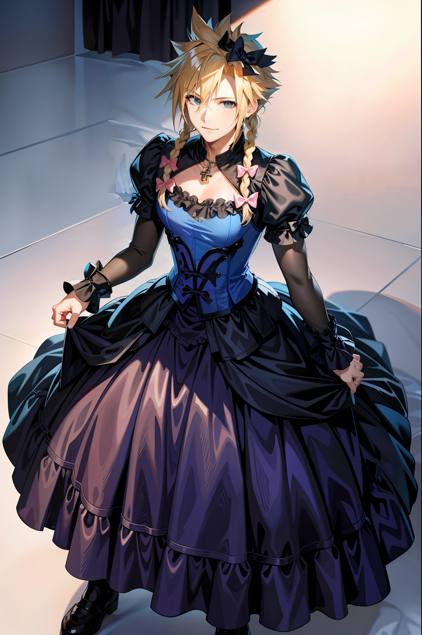 masterpiece, best quality, cloud strife, crossdressing, twin braids, male focus, frilled dress, hair bow, smile, looking at viewer, upper body, hotel room