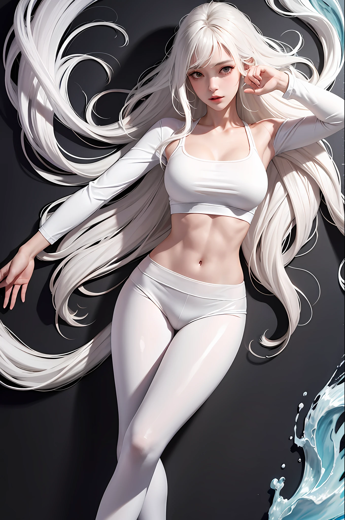 Realistic, high resolution, 1 girl, white wavy hair, korean, bright eyes, loose white shirt, smooth skin, yoga pants, long legs, tight abs, sexy pose