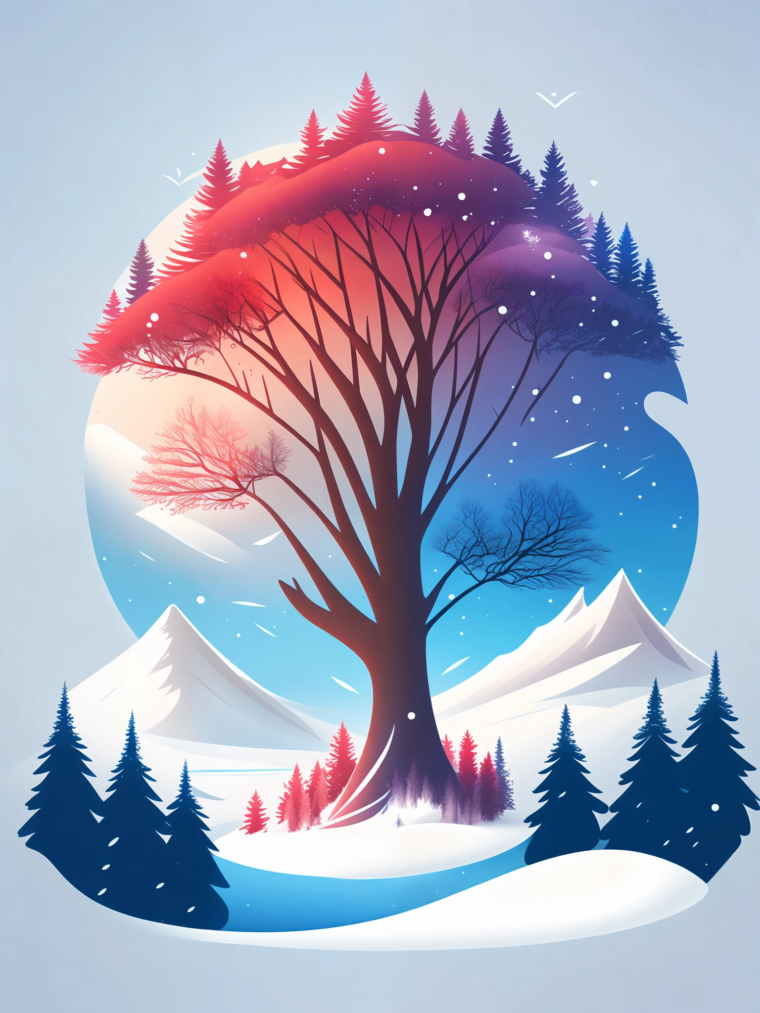 a spruice tree in a winter landscape, tshirt design, rzminjourney, vector-art