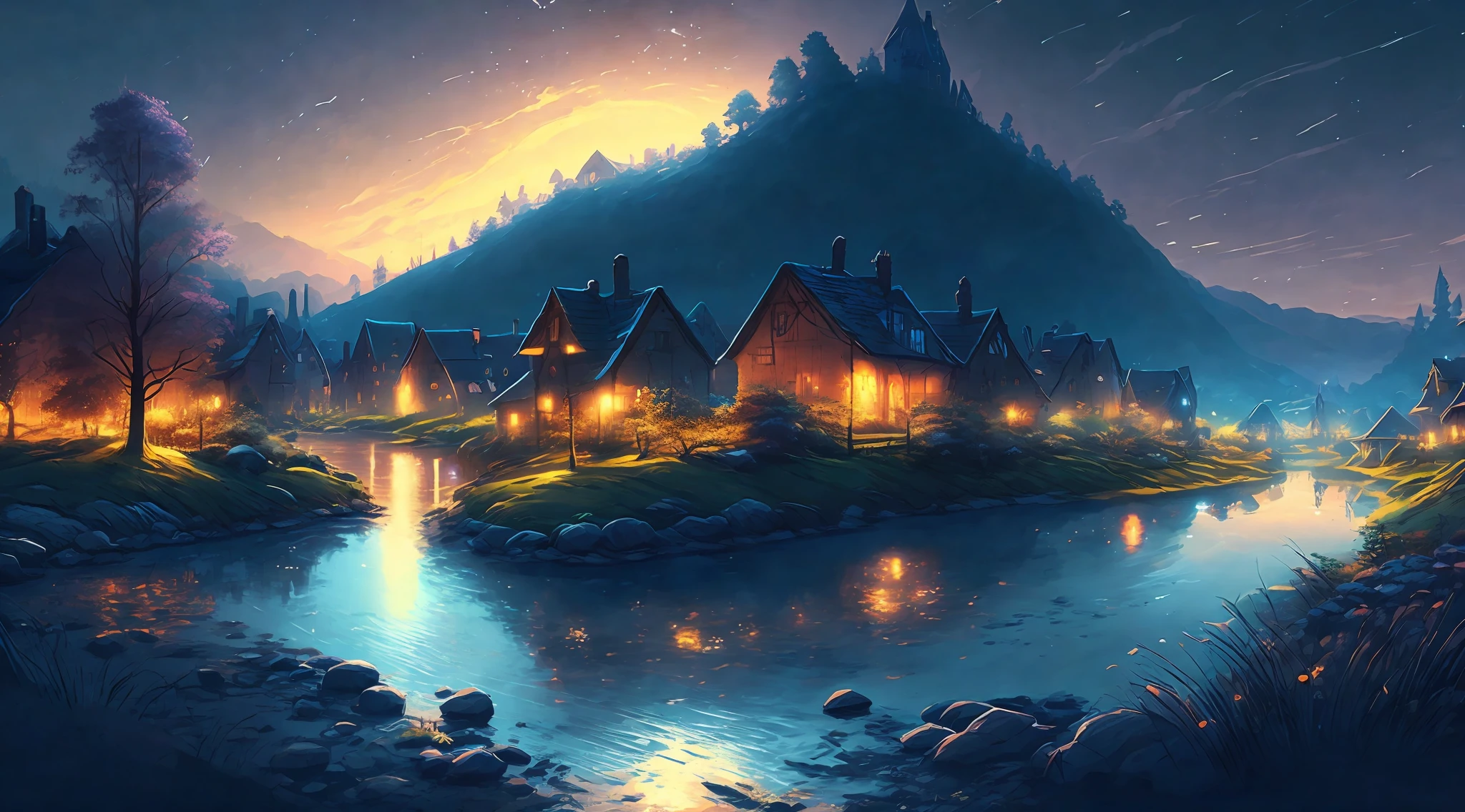 night scene with a village and a river in the foreground, calm night. digital illustration, 4k highly detailed digital art, night scenery, anime art wallpaper 4k, anime art wallpaper 4 k, 4k detailed digital art, nighttime nature landscape, anime art wallpaper 8 k, background artwork, beautiful art uhd 4 k, 4 k hd illustrative wallpaper