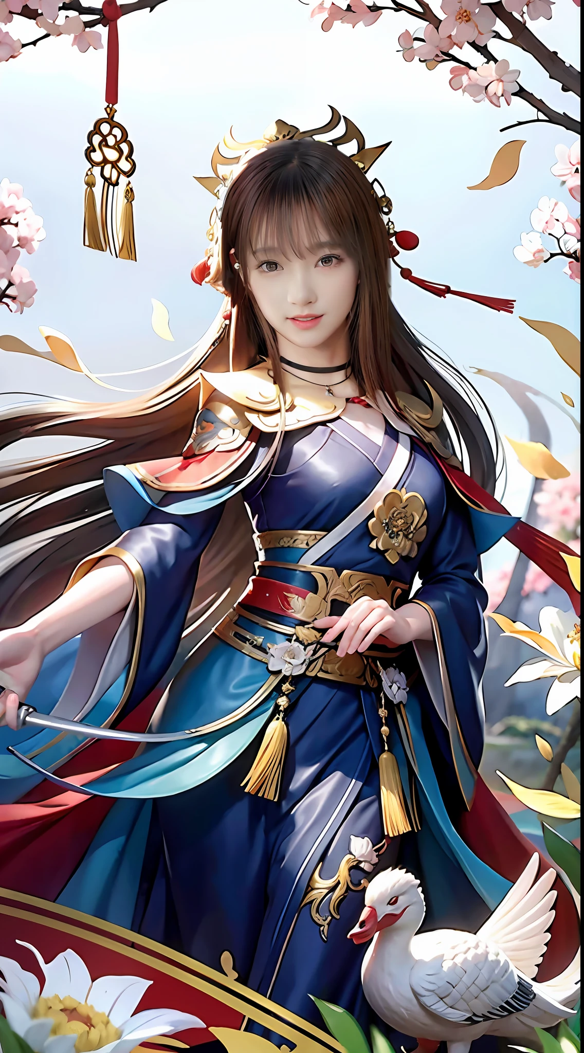 (Chinese style painting style + static standing painting of characters) A Yuqin woman, medium length black straight hair, Asian face, well-proportioned, covered in white ancient costume, red cape and holding a long sword, wearing a delicate hair crown, she has bright teeth, exquisite facial features, beautiful sinking fish and wild geese, closed moon shy flowers, clear fingers, as if alive.
