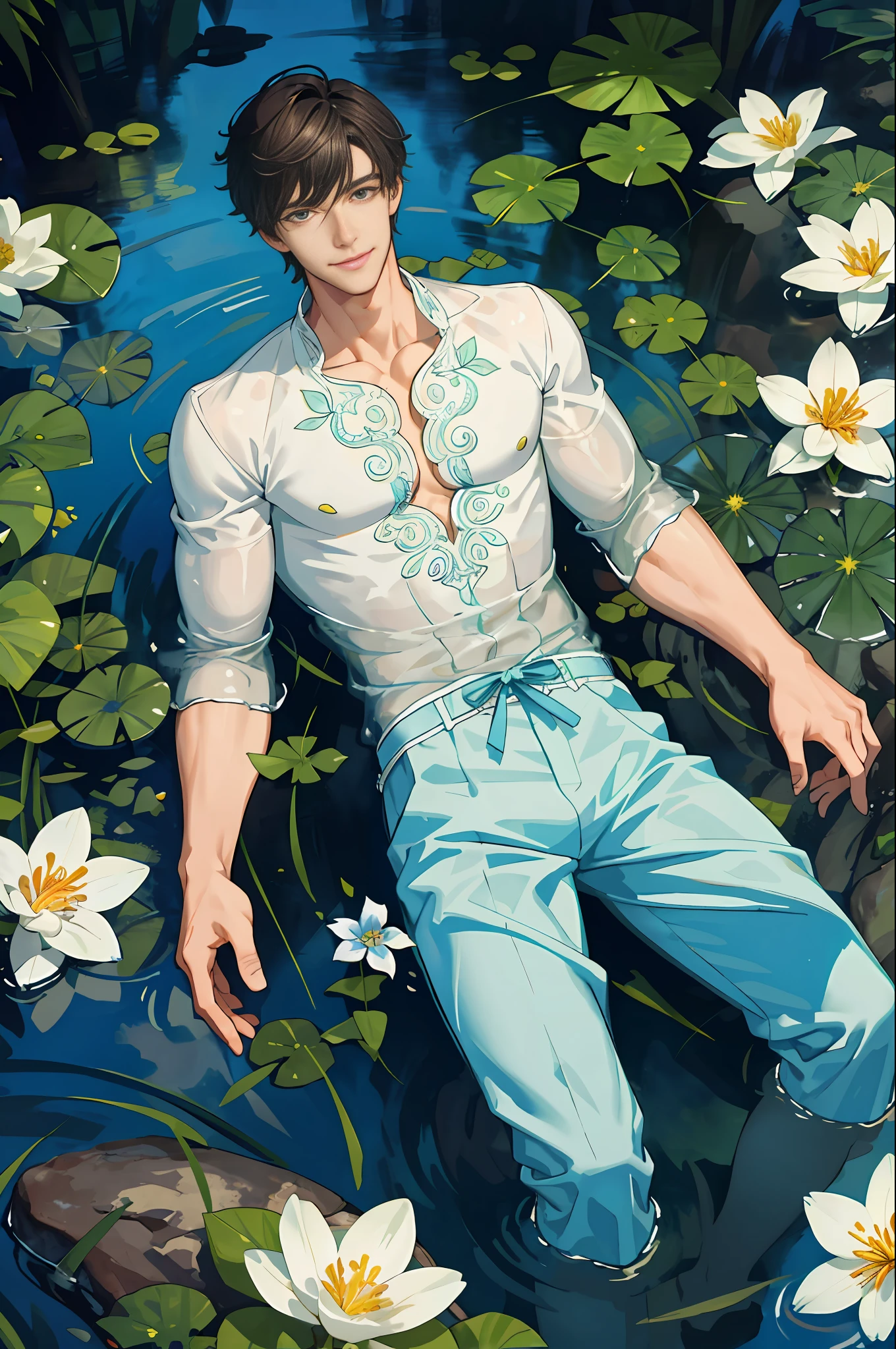 Masterpiece, best quality, 1 male, adult, tall muscles, handsome, delicate eyes, intricate details, clear water, colorful flowers, boy's body immersed in water, smile, aesthetic, romantic, dreamy, firefly light