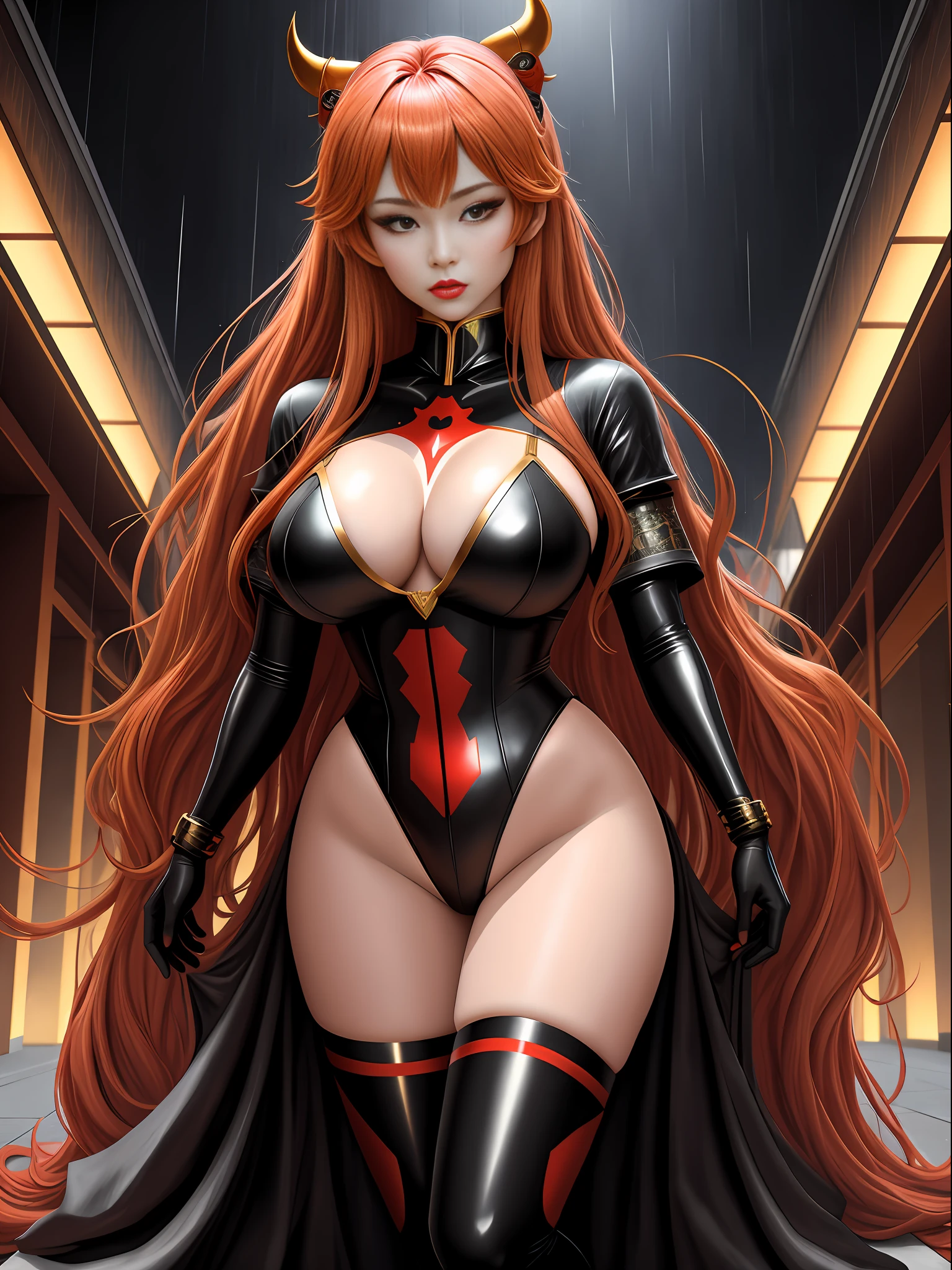Full body photo, 1 Asuka Langley Soryu black Shinobi costume with gold trimmings, immensely large breasts, wearing Oni demon mask on her face, looking at the viewer, heavy makeup on her face, red lipstick on her mouth, she is inside a temple macabre with several pointed beams on the walls it's night and raining a lot, anime, 16k, best quality, highres, award winning, high details, UHD, masterpiece, anatomically correct, ccurate