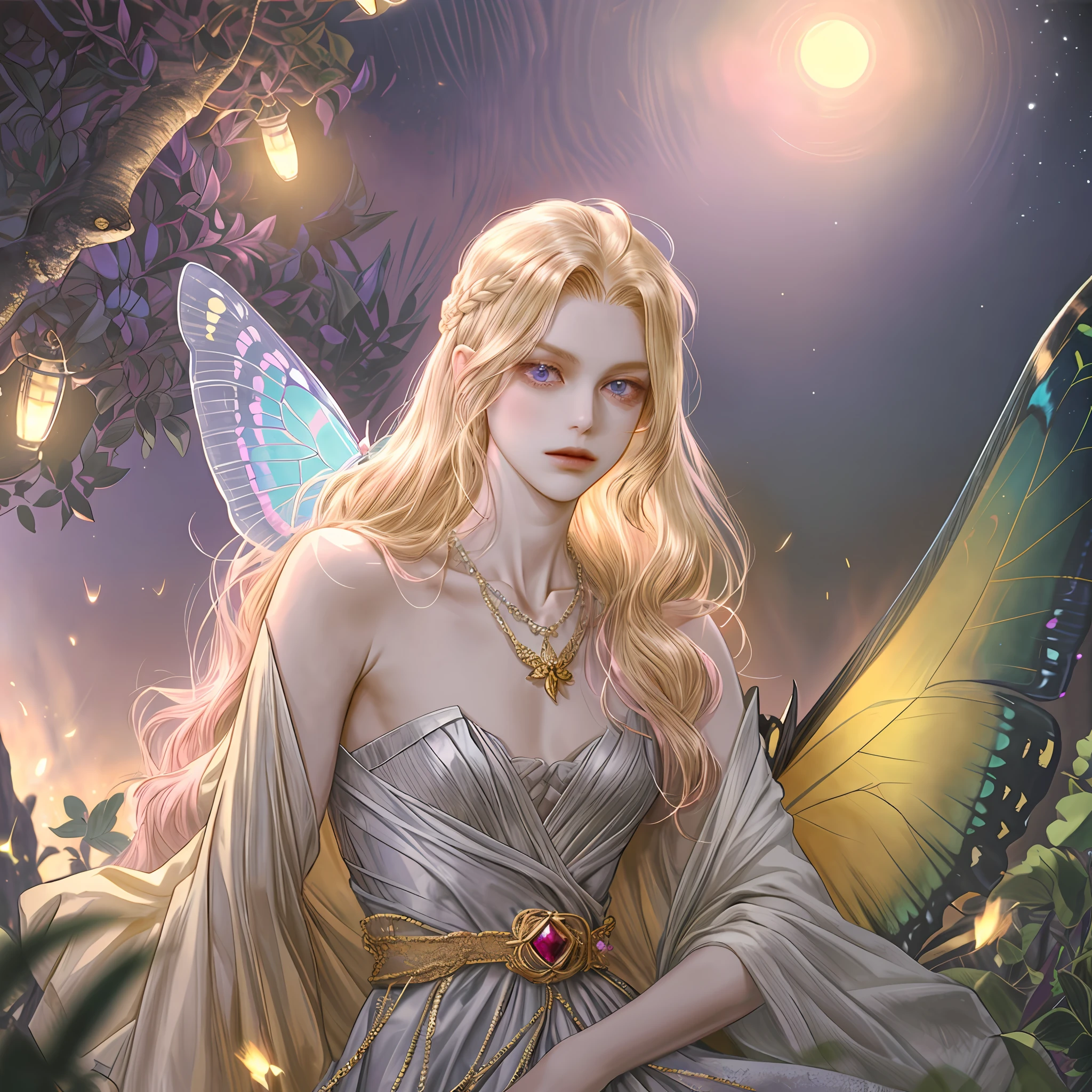 8k, portrait, 1 man, perfect looking, pleasurable body, soft body, slim waist, hips, pink, topless, small silver necklace with red diamond pendant, leg-length wavy hairstyle, bright golden blonde hair, big purple eyes, clear butterfly wings, fairy tail, fantasy genre, background detail, dense forest, moonlight, light of fireflies,