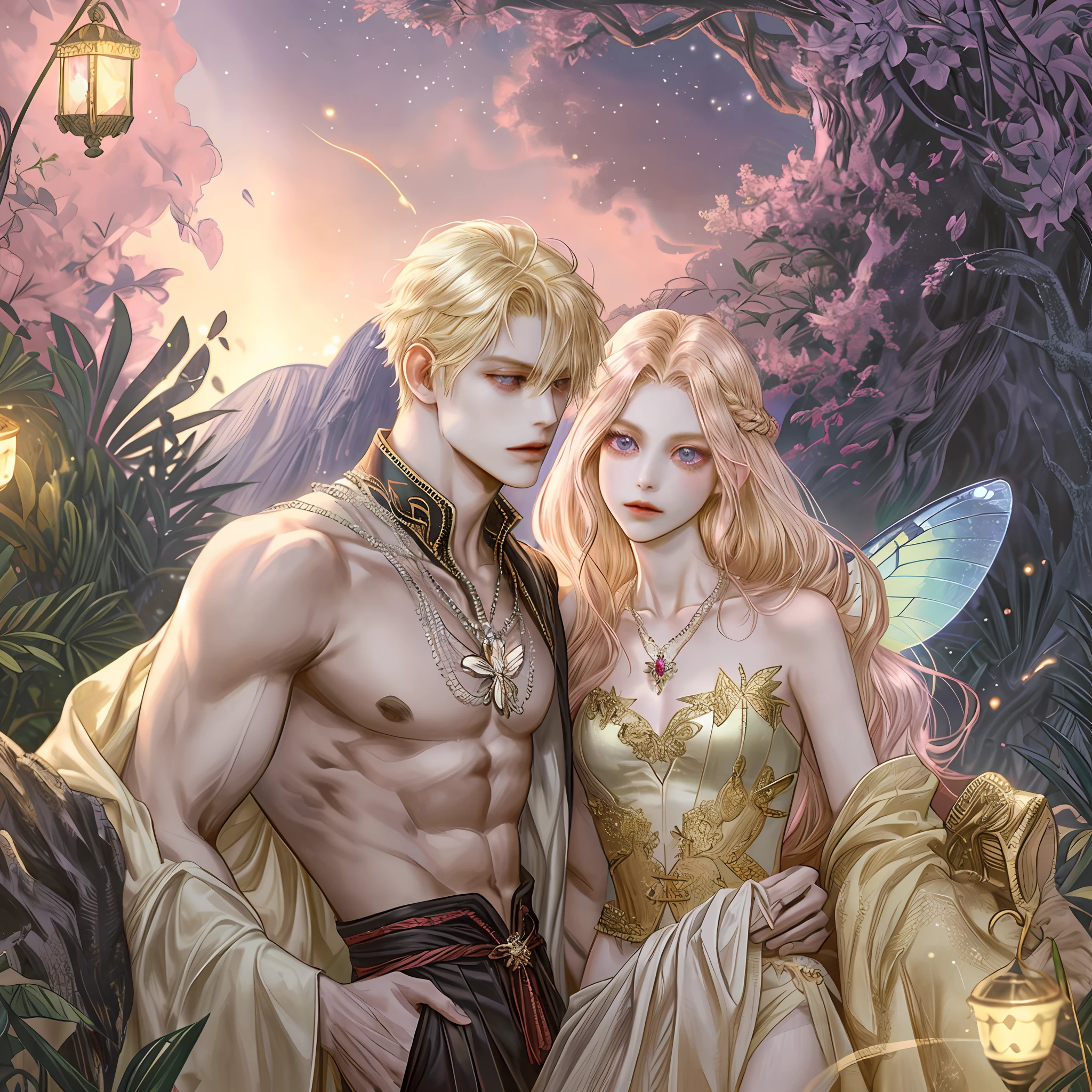 8k, portrait, 1 man, perfect looking, pleasurable body, soft body, slim waist, hips, pink, topless, small silver necklace with red diamond pendant, leg-length wavy hairstyle, bright golden blonde hair, big purple eyes, clear butterfly wings, fairy tail, fantasy genre, background detail, dense forest, moonlight, light of fireflies,