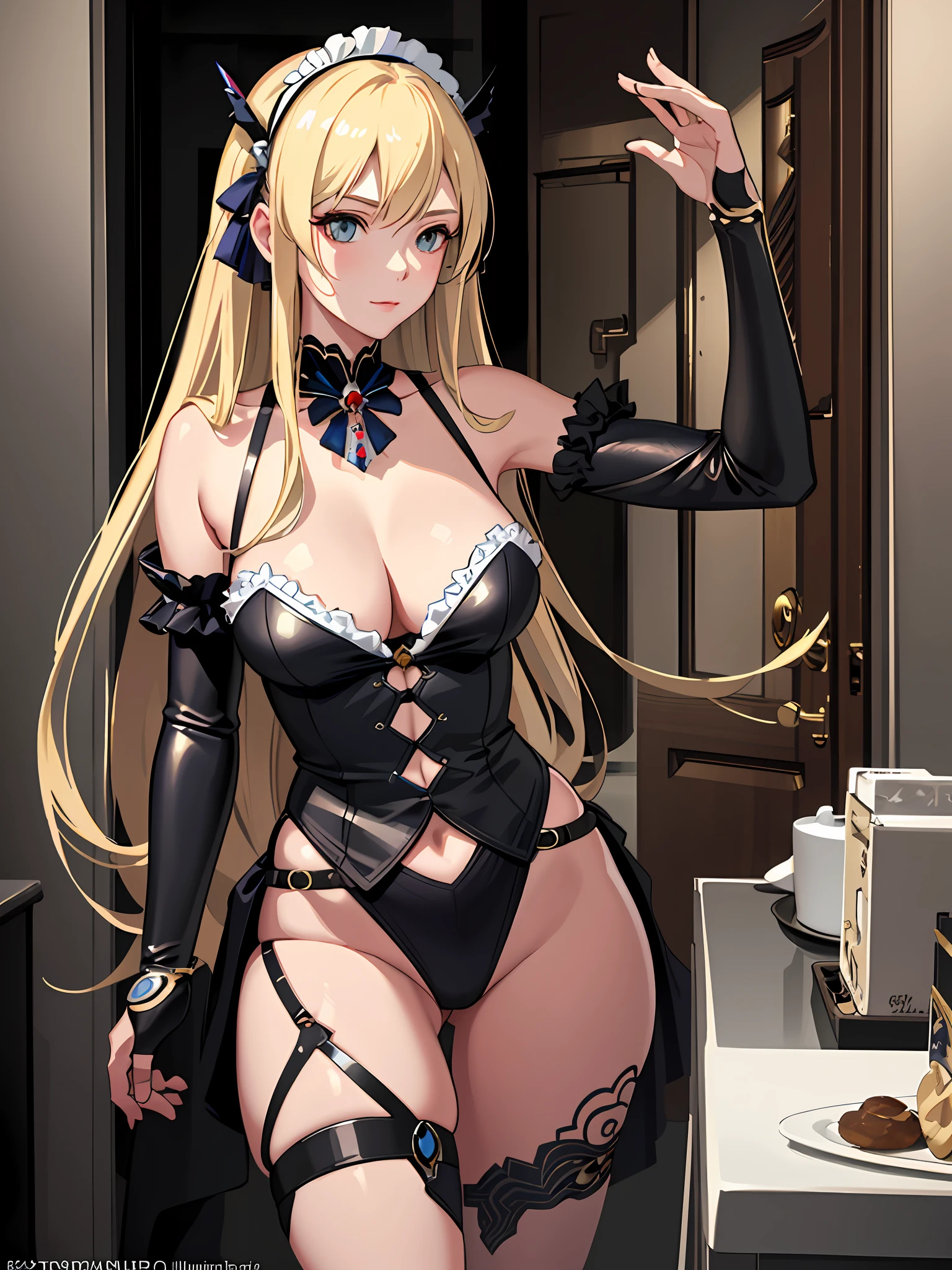(photorealistic:1.4), (masterpiece, sidelighting, finely detailed beautiful eyes: 1.2), masterpiece*portrait, realistic, 3d face,anime girl in a sexy lingerie posing in front of a door, from the azur lane videogame, azur lane style, adult, blonde anime girl with long hair, maid outfit, ahegao, ecchi anime style, biomechanical oppai, rei hiroe, splash art anime
