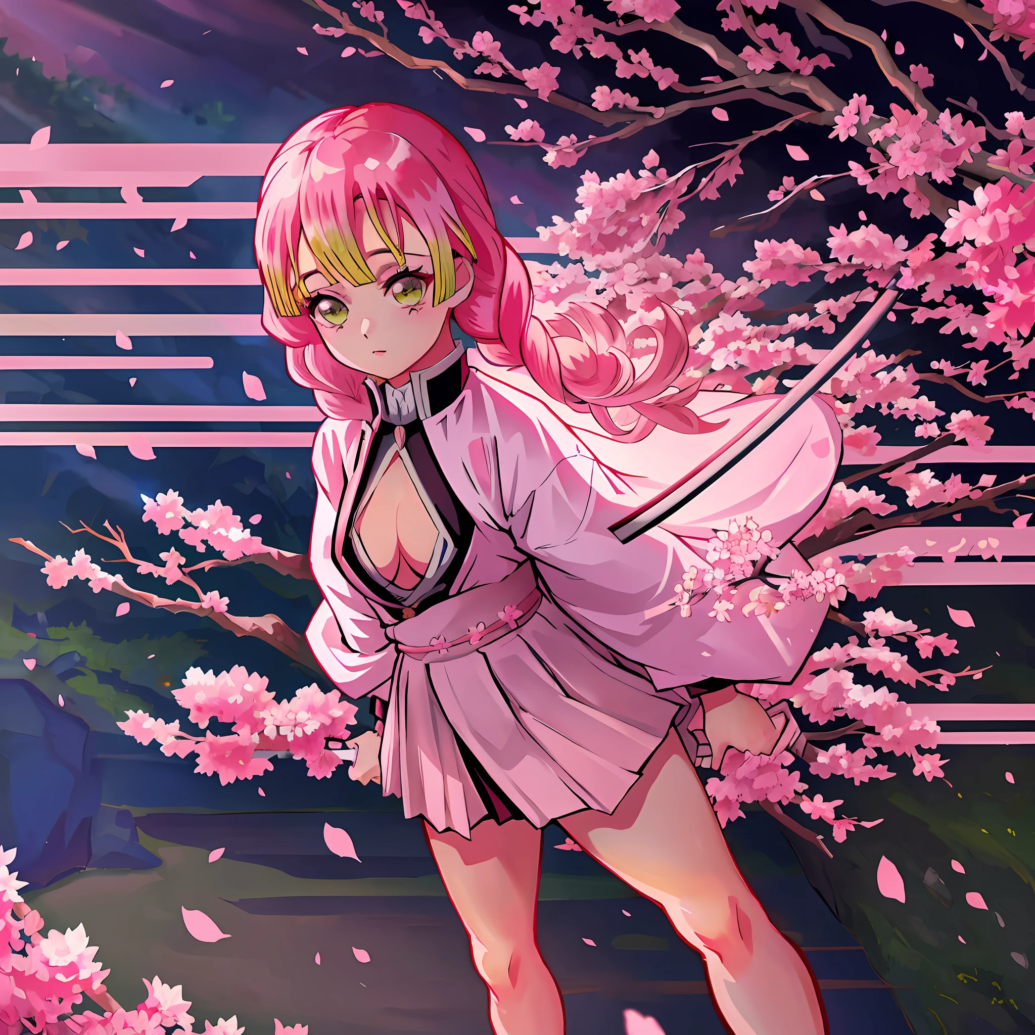 a girl in a sakura forest holding a katana, 1girl, beautyful, ultra detailed, kimetsu no yaiba, cute, solo, fullbody, good anatomy, standing, katana, beautyful body, sakura forest, beautyful legs, beautyful face, high quality, anime, beautyful background, beautyful, kimono, masterpiece