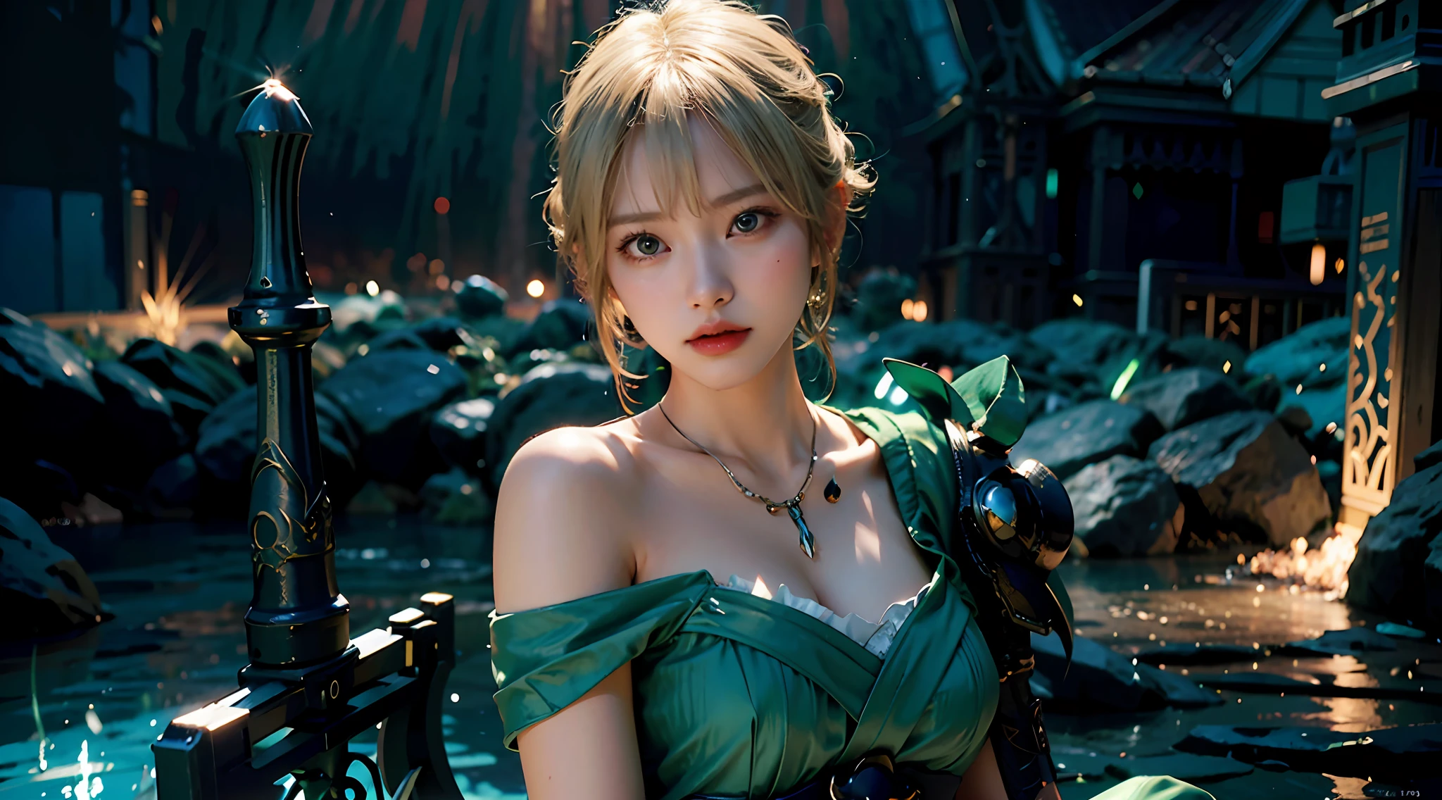 blond woman in green dress holding a sword in a dark room, 8k artgerm bokeh, ross tran 8 k, alice x. zhang, cinematic. by leng jun, fantasy style 8 k octane render, chengwei pan on artstation, epic fantasy digital art style, wlop. 4 k, 3 d render character art 8 k