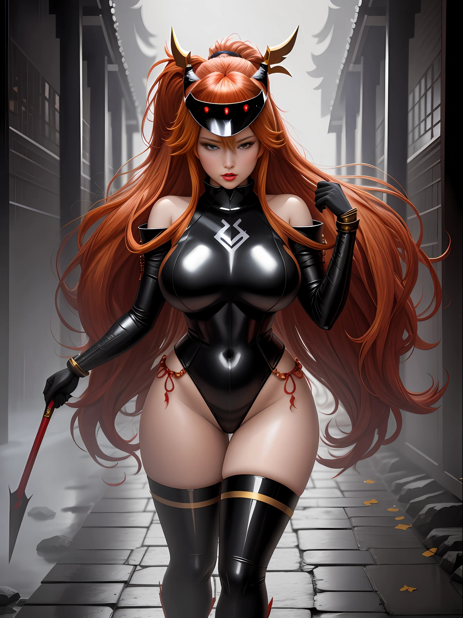 Full body photo, 1 Asuka Langley Soryu black Shinobi costume with gold trimmings, immensely large breasts, wearing an Oni helmet with demonic features, looking at the viewer, heavy makeup on her face, red lipstick on her mouth, she is inside a macabre temple with several pointed beams on the walls it's night and raining a lot, anime, Pixar, Realism, 16k, best quality, highres, award winning, high details, UHD, masterpiece, anatomically correct, ccurate
