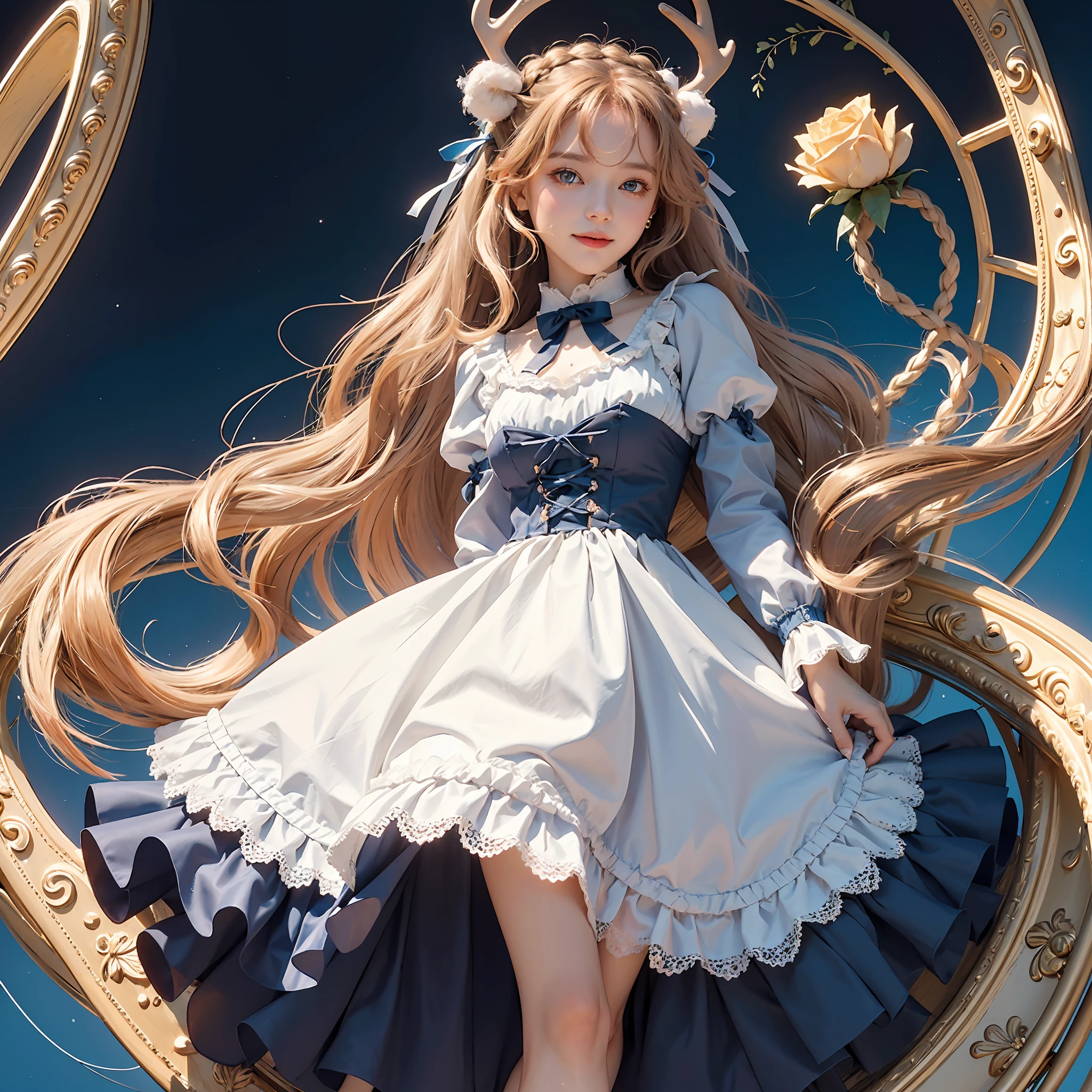 ((masterpiece)), 64k, highest quality,  ((simple)), ((plain background)), (1girl), smile, angelic cute deer girl, rose gold coloured hair, braided hair, twin ponytails, shimmery blue eyes, (sweet dark blue Lolita dress), lace dress, puffy sleeves, full body, white background