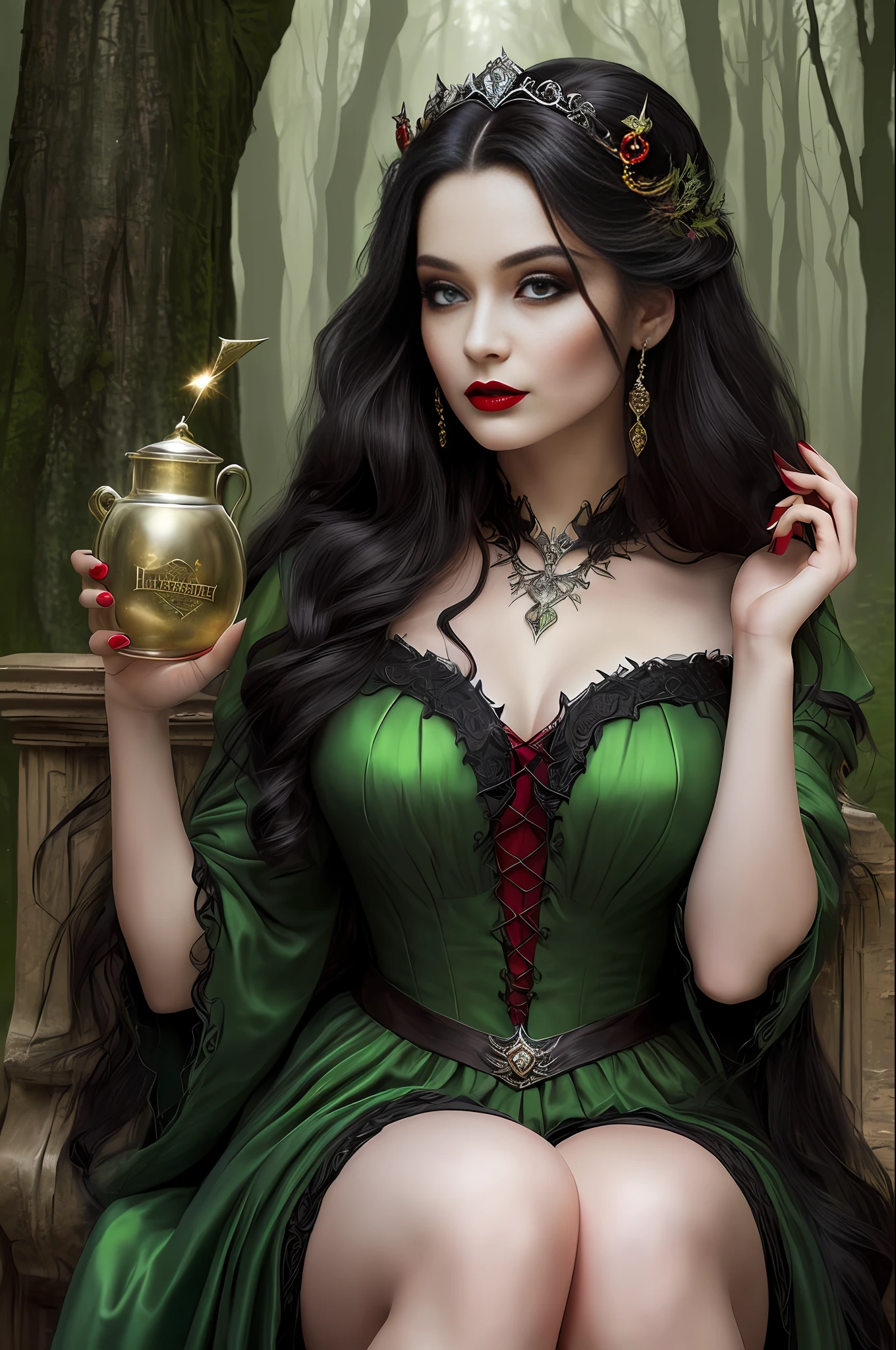 masterpiece, best quality, photo, princess, hogwarts, forest, sorceress, villainous look, black long hair, red lips, potion, fawn