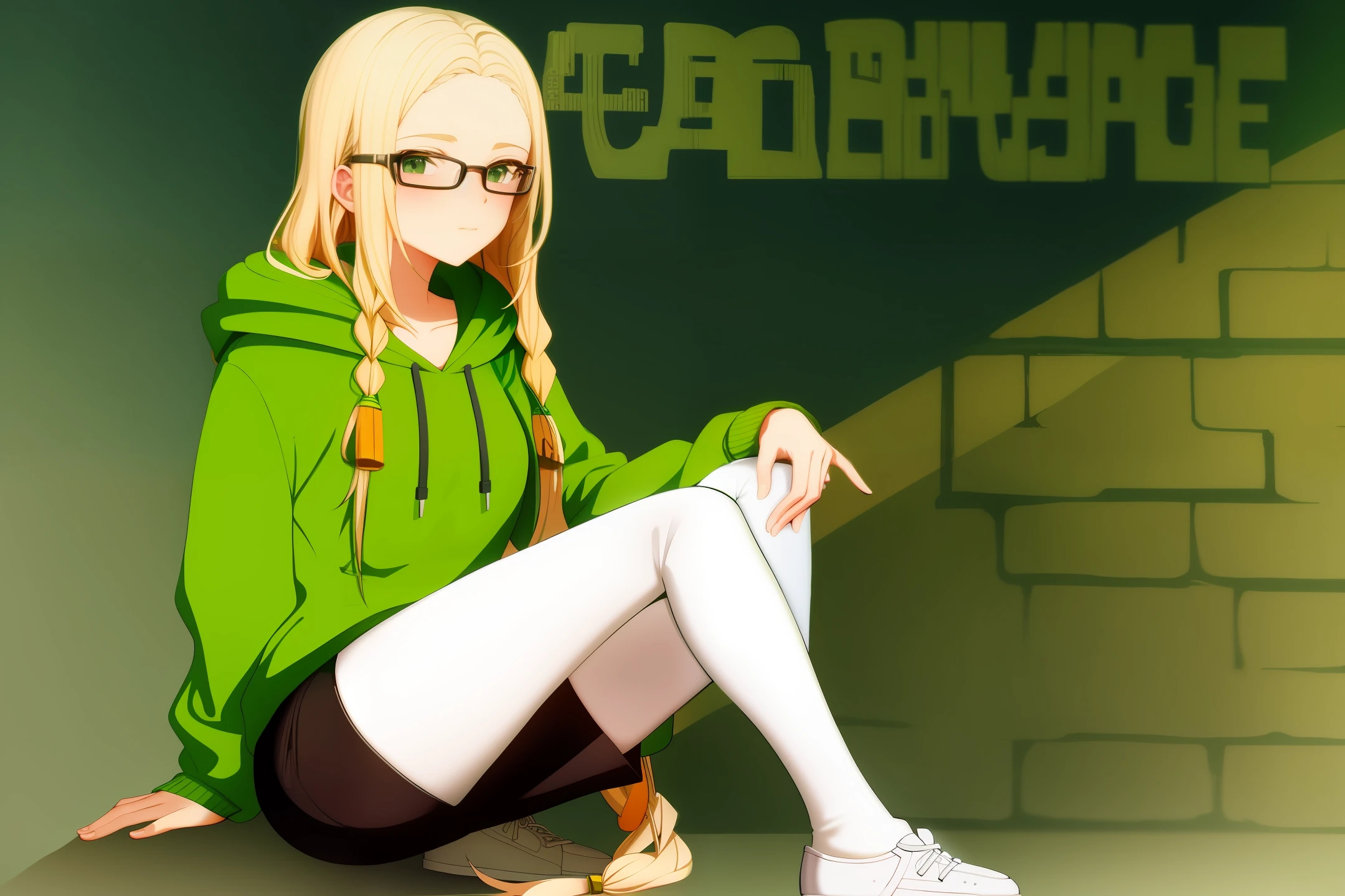 Blonde dreadlocks cute Spanish young woman wearing glasses and green hoodie, plantcore aesthetic, perfect smooth comic art, high quality