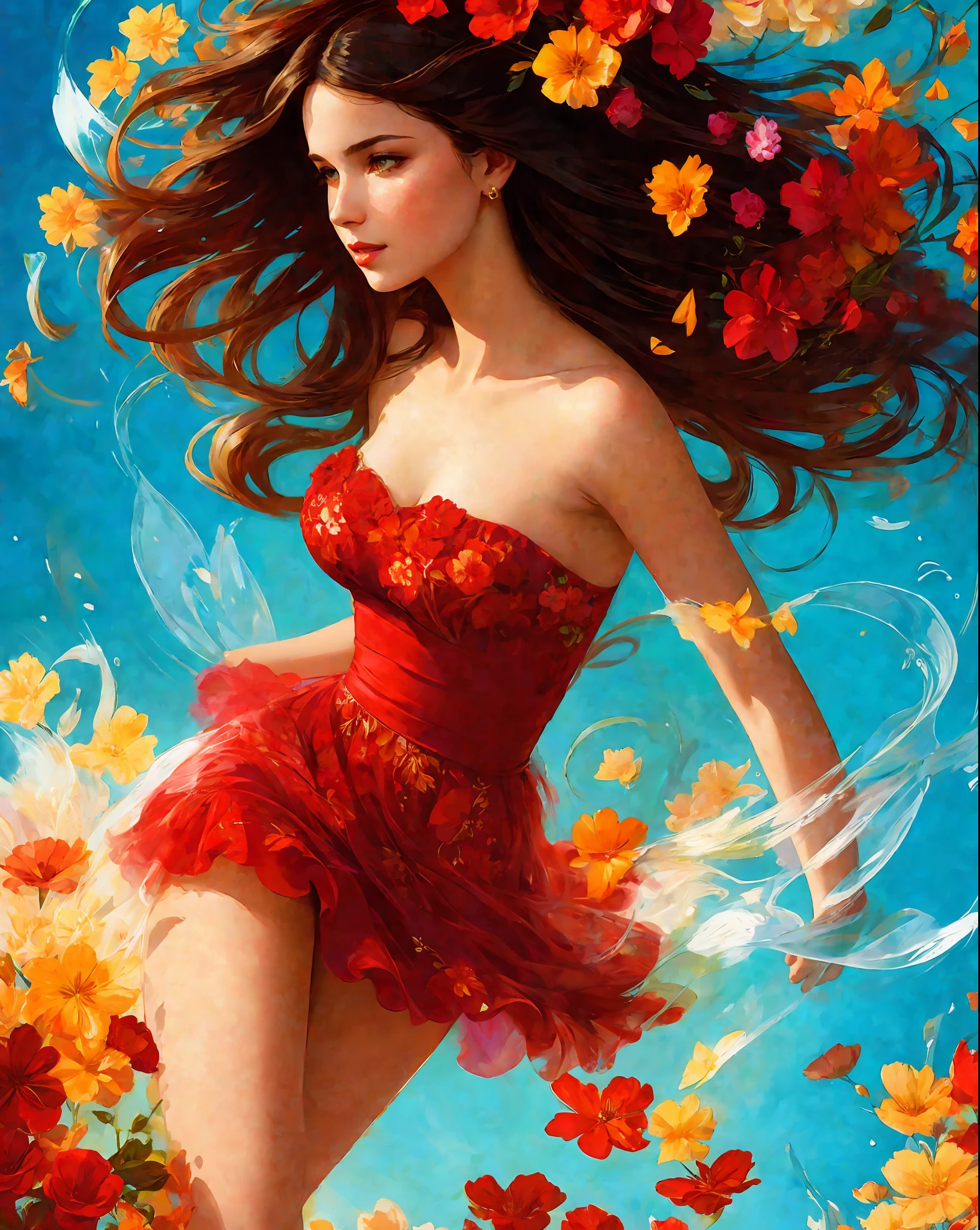 Portrait of a beautiful girl in a red Russian sundress in Gucci style, ((floral print in the background)); Michael Garmash, Daniel F. Gerhartz, strebk style, warm dreamy lighting, volumetric lighting, pulp adventure style, liquid acrylic, dynamic gradients, bold colour, illustration, high detail, simple, smooth and clean vector curves, vector art, fluidity, Johan Grenier, character design, 3d shading, cinematography, ornate motifs, elegant organic framing, hyperrealism, posterization, masterpiece collection, vibrant saturated colours, partial shading, wet gouache