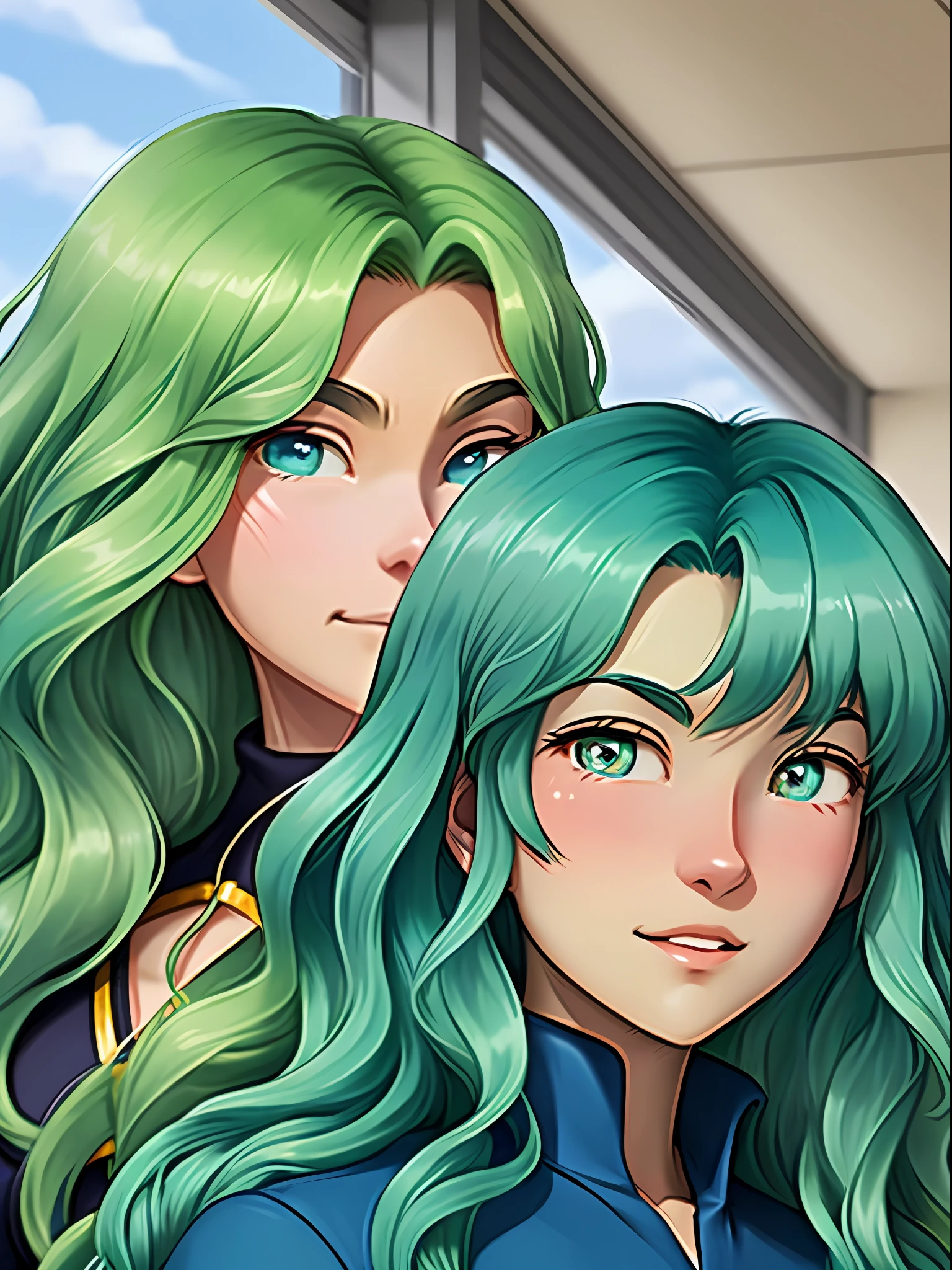 a close up of a person with green hair and a blue shirt, anime girl with teal hair, with aqua rapunzel dreadlocks, portrait knights of zodiac girl, tatsumaki with green curly hair, fubuki, maya takamura, green wavy hair, teal skin, turquoise hair, wataru kajika, jrpg character, teal uniform