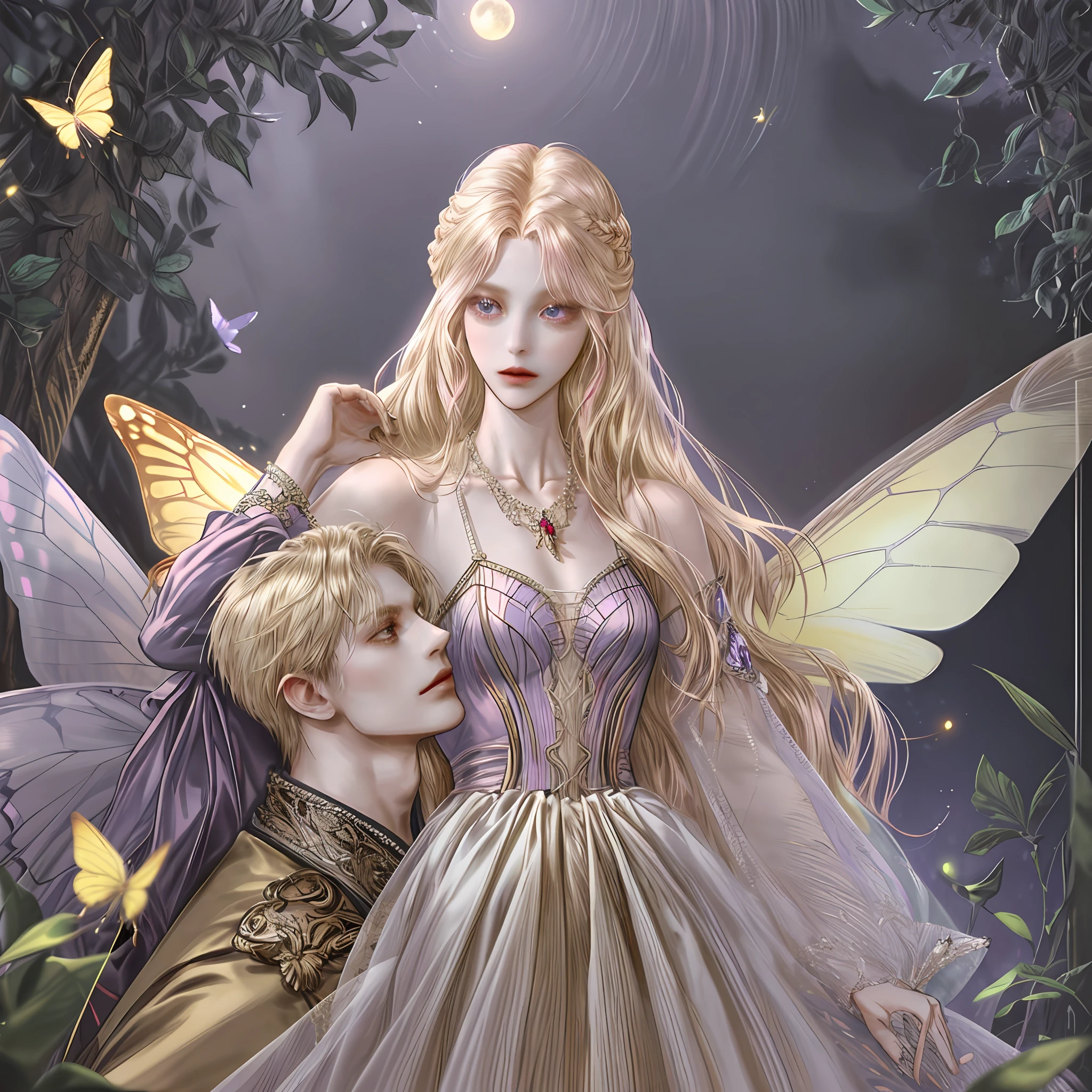 8k, portrait, 1 man, perfect looking, pleasurable body, soft body, slim waist, hips, pink, topless, small silver necklace with red diamond pendant, leg-length wavy hairstyle, bright golden blonde hair, big purple eyes, clear butterfly wings, fairy tail, fantasy genre, background detail, dense forest, moonlight, light of fireflies,