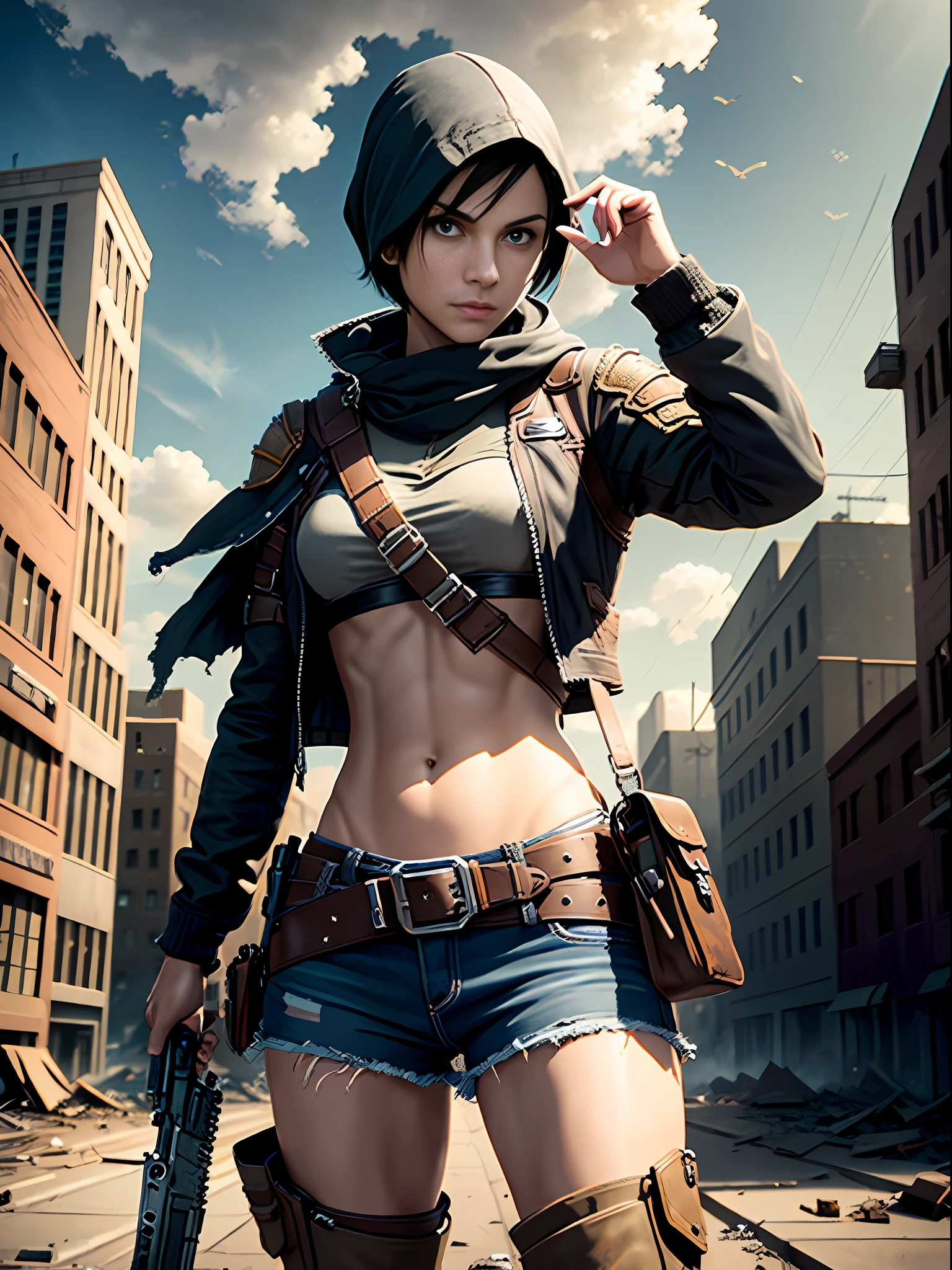 Male, man with short black hair, cloaked, blade in hand, boots, background abandoned city, wasteland, empty streets, dilapidated buildings, gunsmoke, war, daytime, clear and cloudless, fire phoenix flying in the sky, bridge, old shop, irregular, super detailed, realistic, super realistic, high quality, best, super detail, crazy detail, very detailed, photo realism, epic composition, best quality, 32k --v 6
