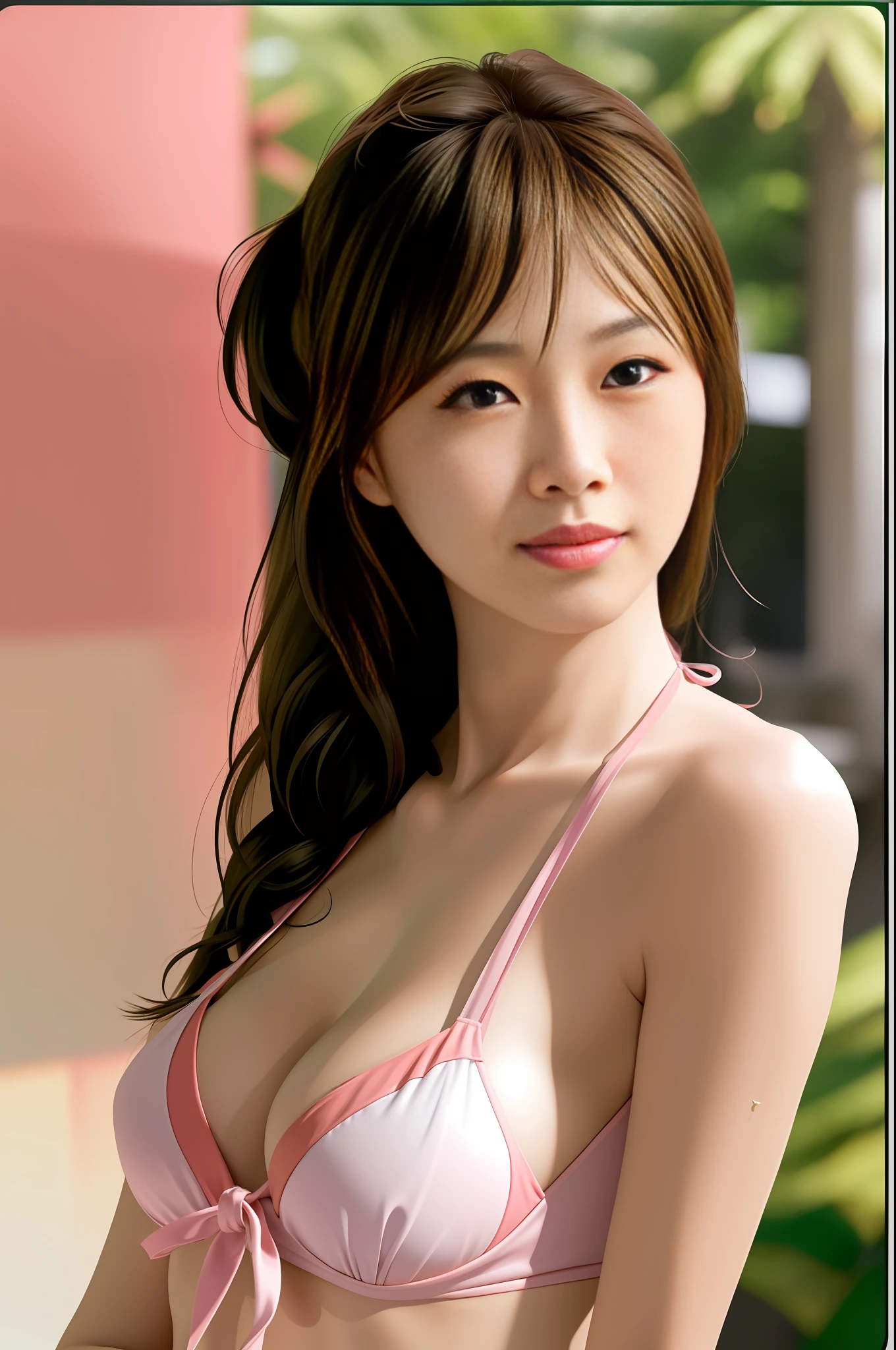 masterpiece,best quality,ultra detailed,highres,high-resolution,4k,4k portrait, 8k,8k portrait,unity 8k wallpaper, unity 8k wallpaper,realistic,RAW photo,real person,portrait photography,photorealistic,shiny skin,detailed skin,extremely large breasts, pink Transparency bikini, japanese model, cute girl wearing Transparency bikini, nude model, japanese, sexy girl, japanese goddess