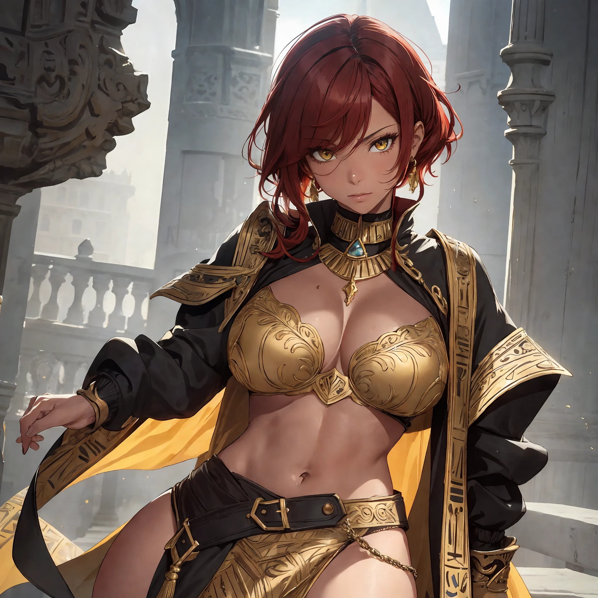 masterpiece, best quality, 1woman adult, older milf, female focus, solo, red hair, tan skinned, black skin, vibrant yellow eyes, medium hair, looking at viewer, well built, closed mouth, upper body, high collar,(kbxll:0.6), Fantasy aesthetics, Highly detailed, belly button revealing, shadowverse style, coat, cape, egyptian armor, one eye covering bangs