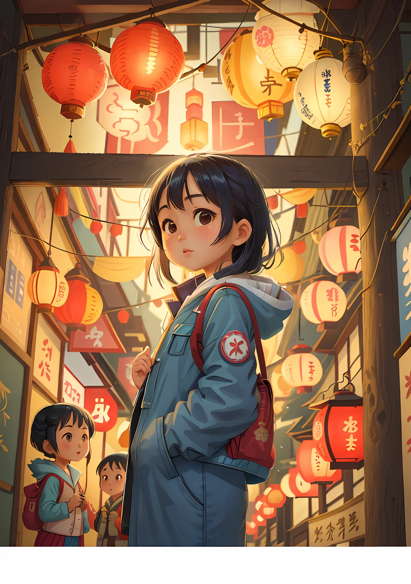 arafed asian woman in blue jacket standing in front of a display of lanterns, girl under lantern, portrait of a japanese teen, portrait of a japanese girl, chiho, anime style mixed with fujifilm, kid, in a japanese town at night, of a youthful japanese girl, inspired by Kaii Higashiyama, young asian girl