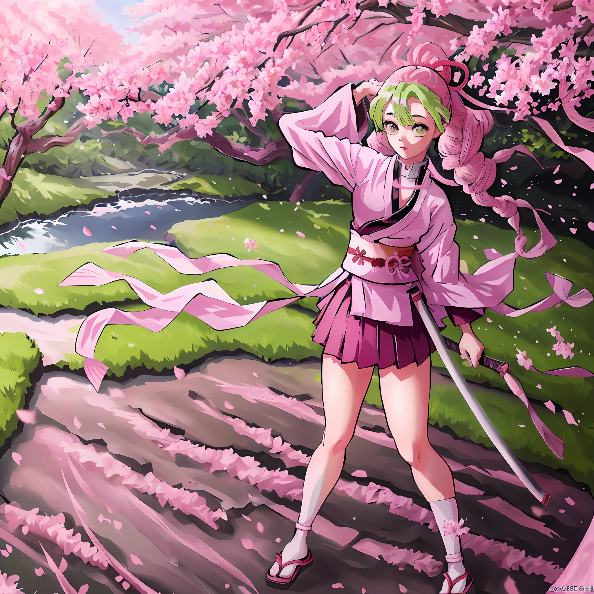 a girl in a sakura forest holding a katana, 1girl, beautyful, ultra detailed, kimetsu no yaiba, cute, solo, fullbody, good anatomy, standing, katana, beautyful body, sakura forest, beautyful legs, beautyful face, high quality, anime, beautyful background, beautyful, kimono, masterpiece