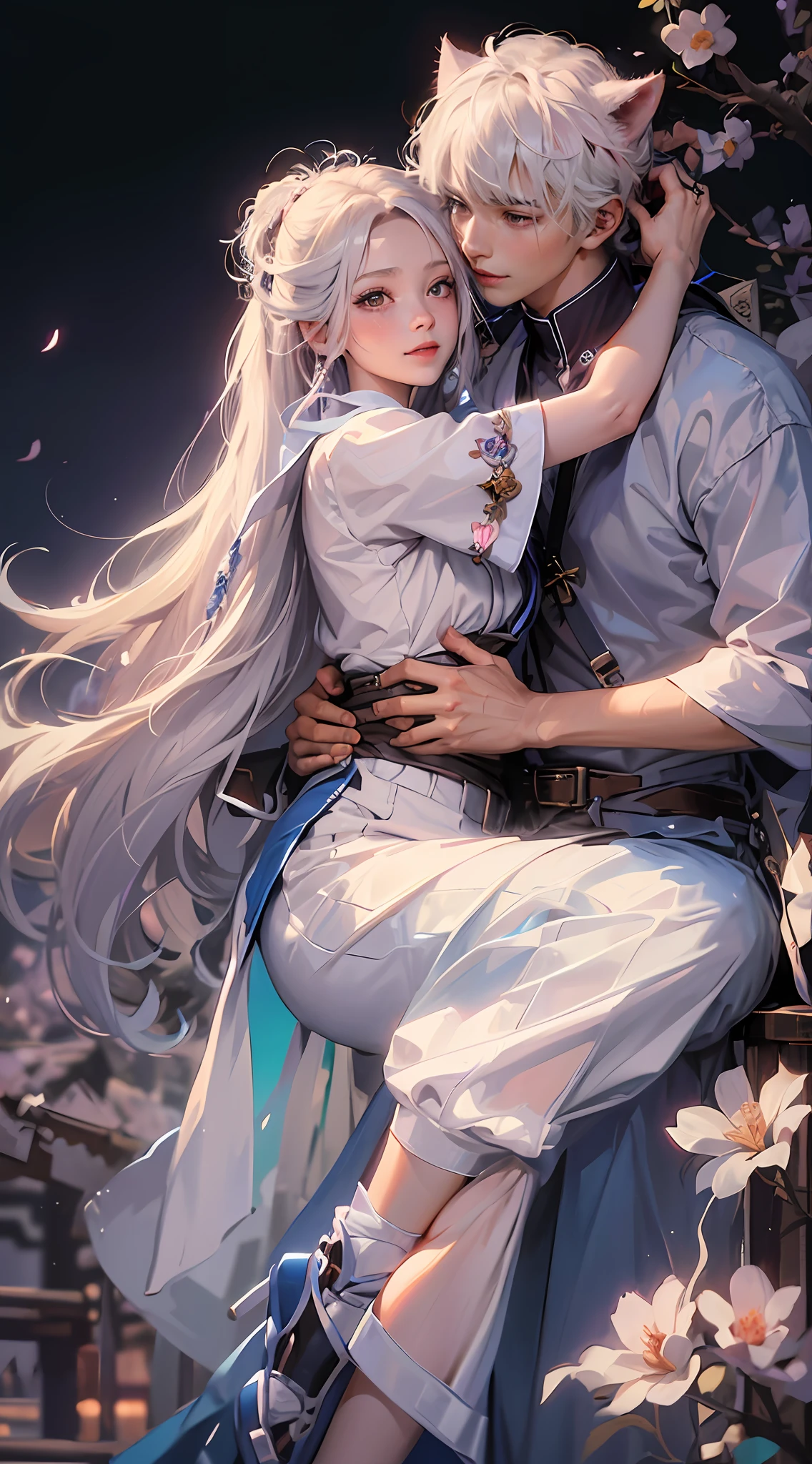 The boy has a pair of big cat ears, the cat ears are very large, the girl's hair is Thanofini's pink hairstyle, the girl's very happy expression, a loving lover