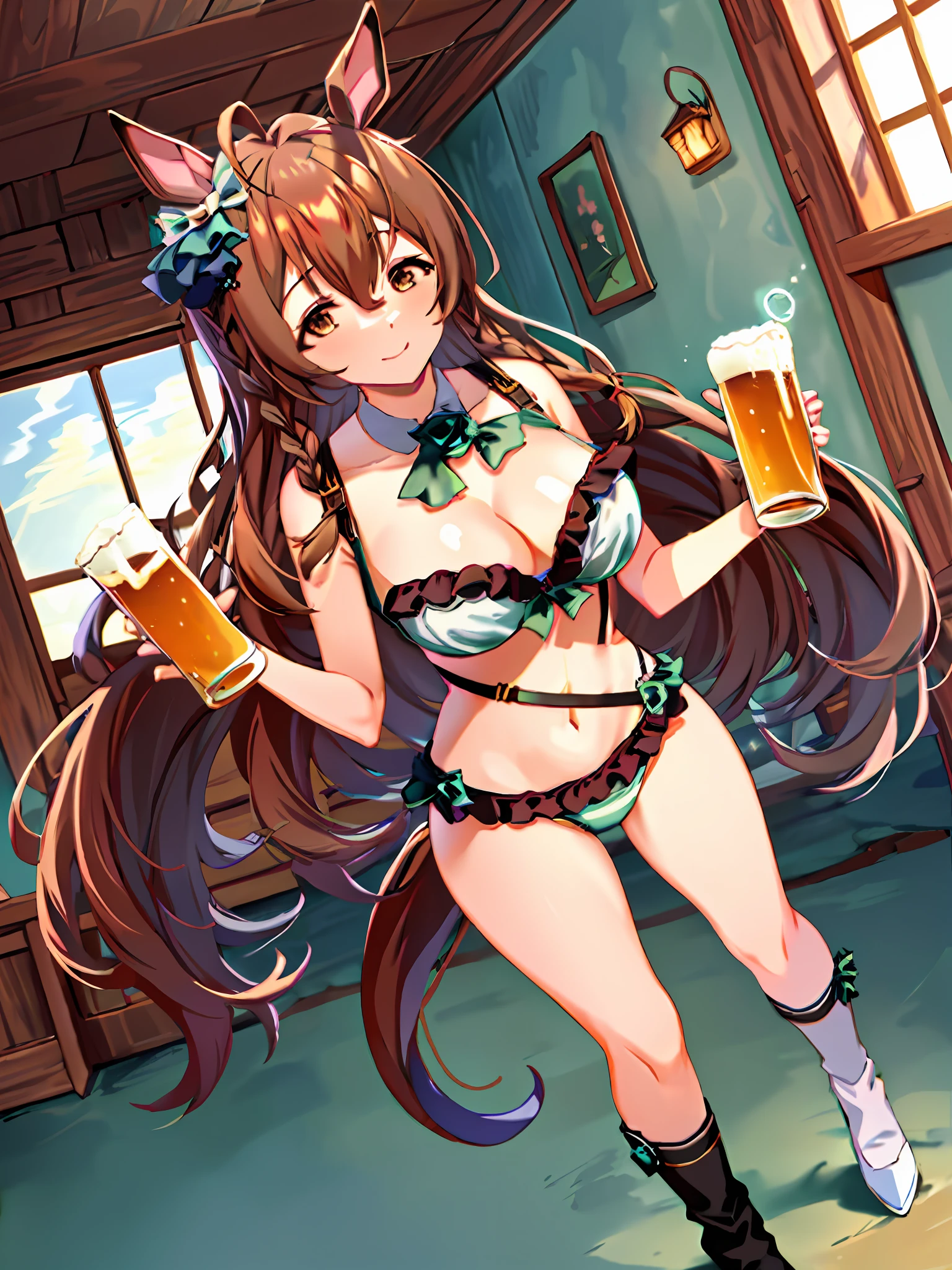 mejiro_bright_(umamusume), 1girl, solo, umamusume, horse girl, horse ears, horse tail, brown eyes, brown hair, long hair, light smile, ear bow,woman holding beer glass, green frilled bikini,bewitching poses, charming poses,full body wide angle,