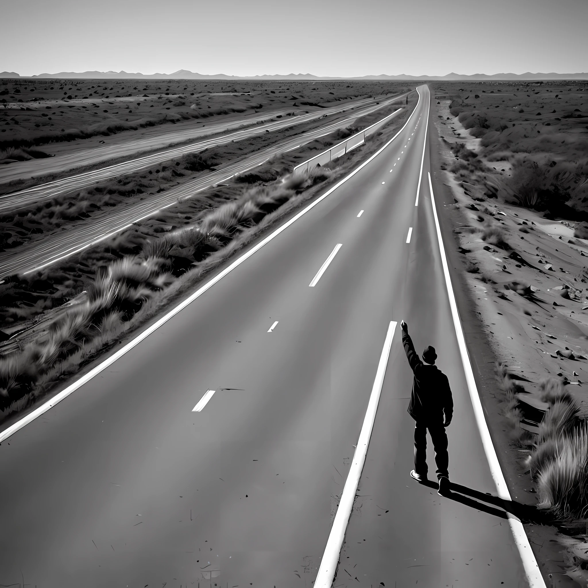 Wilderness, highway, lone man, roadside, outstretched hand, hitchhiking, anticipation, black and white, desolation, longing, seeking, departure, journey, endless.