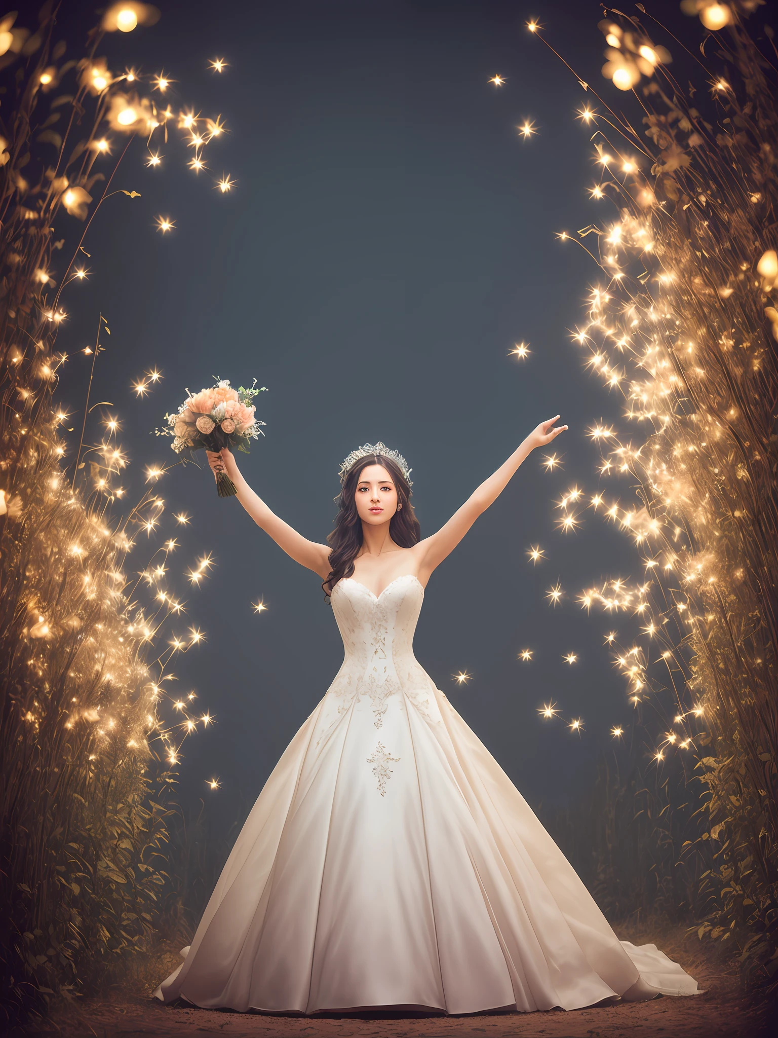 (Masterpiece) A photorealistc portraif of a stunningly beautiful and extremely happy woman dressed as a bride, throwing her bouquet of flowers up to the air, standing on a field of fireflies, mirrors, photograph, wonder, amazement, night, cinematic lighting, empty wonder, amazement, cinematic, 8k, evening, view, empty, stock photo, movie still, cinematic lighting. photograph photograph, in the style of Martin Schoeller, detailed symmetric realistic face, extremely detailed natural texture, peach fuzz, long hair, masterpiece, absurdres, nikon d850 film stock photograph, kodak portra 400 camera f1.6 lens, extremely detailed, amazing, fine detail, rich colors, hyper realistic lifelike texture, dramatic lighting, unrealengine, trending on artstation, cinestill 800 tungsten, looking at the viewer, photo realistic, RAW photo, TanvirTamim, high quality, highres, sharp focus, extremely detailed, cinematic lighting, 8k uhd,-imagine-