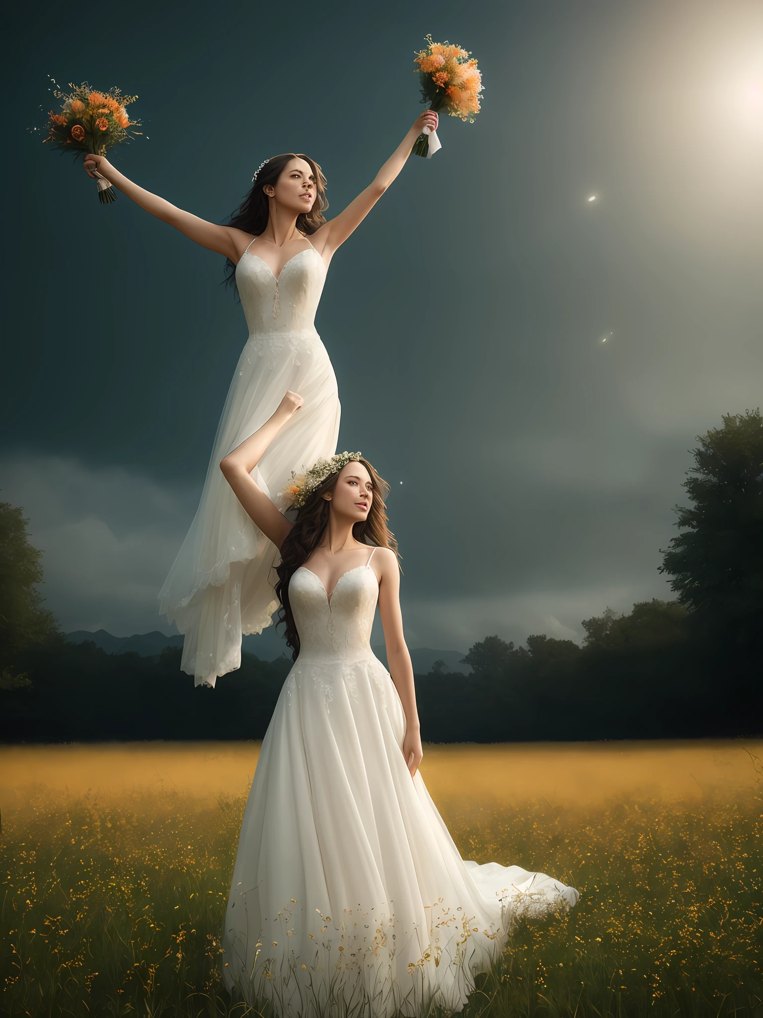 (Masterpiece) A photorealistc portraif of a stunningly beautiful and extremely happy woman dressed as a bride, throwing her bouquet of flowers up to the air, standing on a field of fireflies, mirrors, photograph, wonder, amazement, night, cinematic lighting, empty wonder, amazement, cinematic, 8k, evening, view, empty, stock photo, movie still, cinematic lighting. photograph photograph, in the style of Martin Schoeller, detailed symmetric realistic face, extremely detailed natural texture, peach fuzz, long hair, masterpiece, absurdres, nikon d850 film stock photograph, kodak portra 400 camera f1.6 lens, extremely detailed, amazing, fine detail, rich colors, hyper realistic lifelike texture, dramatic lighting, unrealengine, trending on artstation, cinestill 800 tungsten, looking at the viewer, photo realistic, RAW photo, TanvirTamim, high quality, highres, sharp focus, extremely detailed, cinematic lighting, 8k uhd,-imagine-