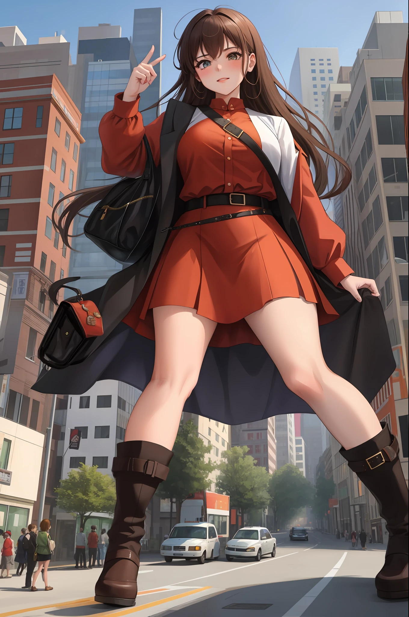 The giantess destroys the city, the little people panic, the giantess grabs a bus with people, the giantess holds the bus with two fingers