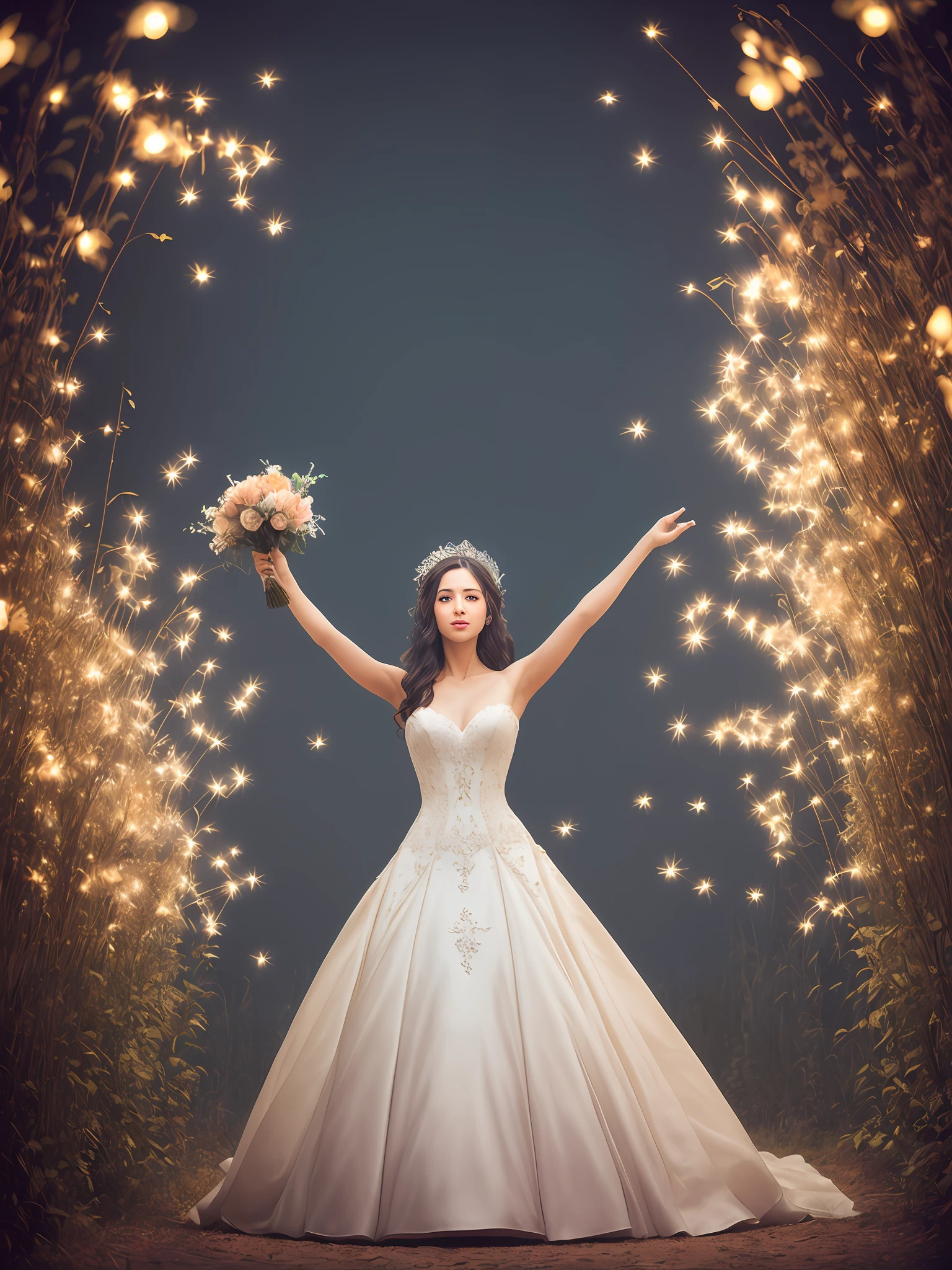 (Masterpiece) A photorealistc portraif of a stunningly beautiful and extremely happy woman dressed as a bride, throwing her bouquet of flowers up to the air, standing on a field of fireflies, mirrors, photograph, wonder, amazement, night, cinematic lighting, empty wonder, amazement, cinematic, 8k, evening, view, empty, stock photo, movie still, cinematic lighting. photograph photograph, in the style of Martin Schoeller, detailed symmetric realistic face, extremely detailed natural texture, peach fuzz, long hair, masterpiece, absurdres, nikon d850 film stock photograph, kodak portra 400 camera f1.6 lens, extremely detailed, amazing, fine detail, rich colors, hyper realistic lifelike texture, dramatic lighting, unrealengine, trending on artstation, cinestill 800 tungsten, looking at the viewer, photo realistic, RAW photo, TanvirTamim, high quality, highres, sharp focus, extremely detailed, cinematic lighting, 8k uhd,-imagine-
