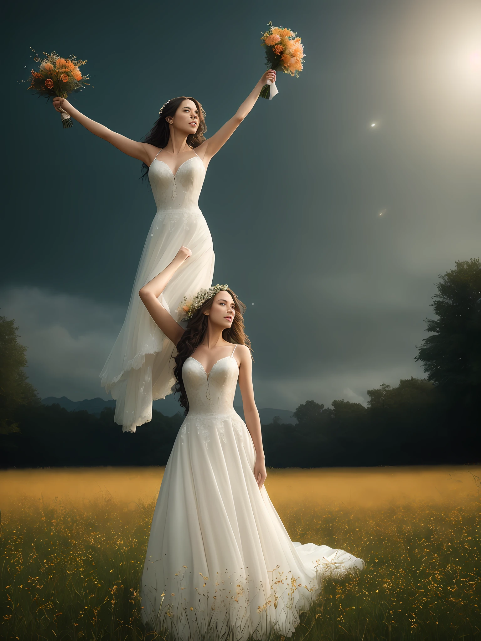 (Masterpiece) A photorealistc portraif of a stunningly beautiful and extremely happy woman dressed as a bride, throwing her bouquet of flowers up to the air, standing on a field of fireflies, mirrors, photograph, wonder, amazement, night, cinematic lighting, empty wonder, amazement, cinematic, 8k, evening,  view, empty, stock photo, movie still, cinematic lighting. photograph photograph, in the style of Martin Schoeller, detailed symmetric realistic face, extremely detailed natural texture, peach fuzz, long hair, masterpiece, absurdres, nikon d850 film stock photograph, kodak portra 400 camera f1.6 lens, extremely detailed, amazing, fine detail, rich colors, hyper realistic lifelike texture, dramatic lighting, unrealengine, trending on artstation, cinestill 800 tungsten, looking at the viewer, photo realistic, RAW photo, TanvirTamim, high quality, highres, sharp focus, extremely detailed, cinematic lighting, 8k uhd,-imagine-
