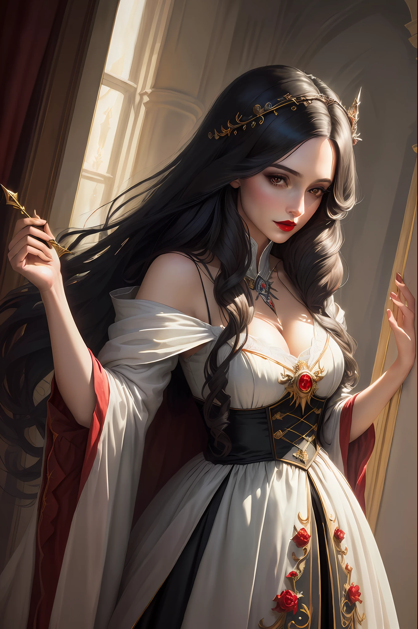 (masterpiece:1.2), (best quality:1.2), illustration, watercolor, princess, hogwarts, sorceress, villainous look, black long hair, red lips,