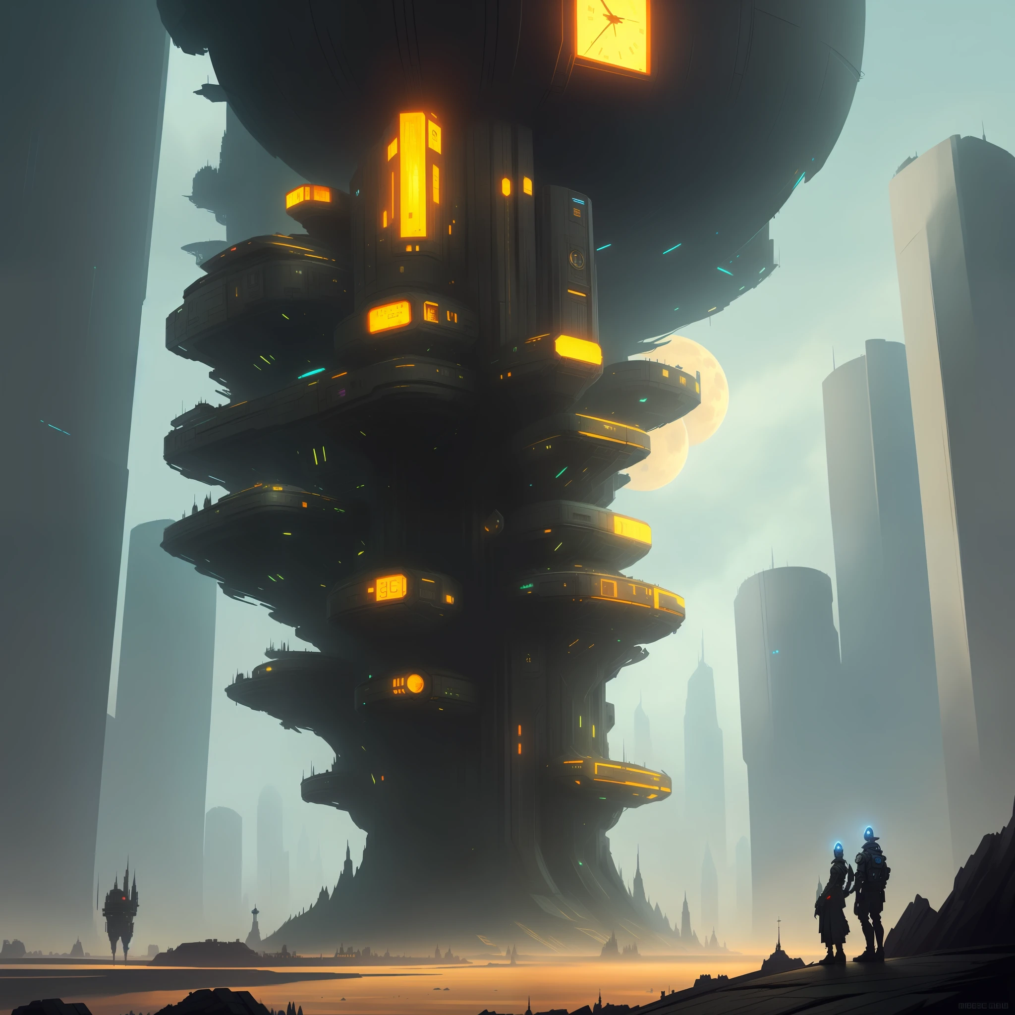 futuristic city with a tower with a clock on top of it, high quality digital concept art, digital concept art of dystopian, detailed digital concept art, concept art illustration, epic digital concept art, andreas rocha style, mystical sci-fi concept art, cyberpunk tree house, futuristic outpost building, sci-fi digital painting, detailed sci-fi art