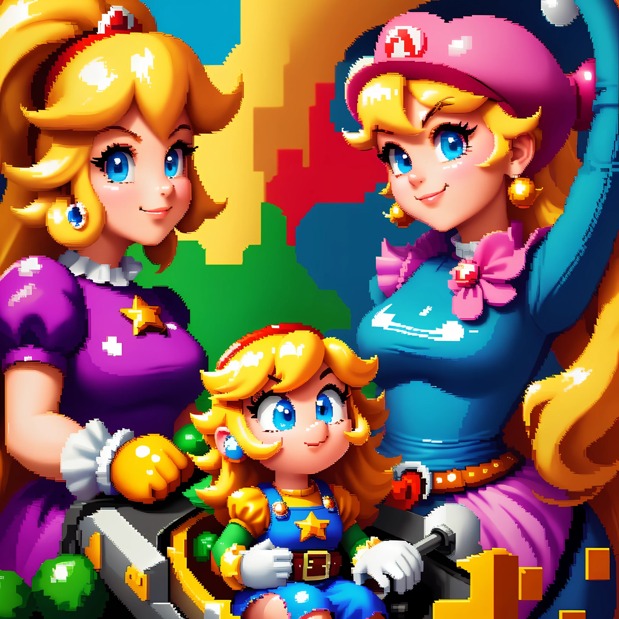 (masterpiece),best quality,ultra-detailed,extremely detailed,pixel art 16x16,16-bits,pixelated,retro gaming,video game aesthetic,vibrant colors,bright contrast, dynamic pose,princess Peach,Mario Kart,SNES,Nintendo,classic gaming,8-bit nostalgia.