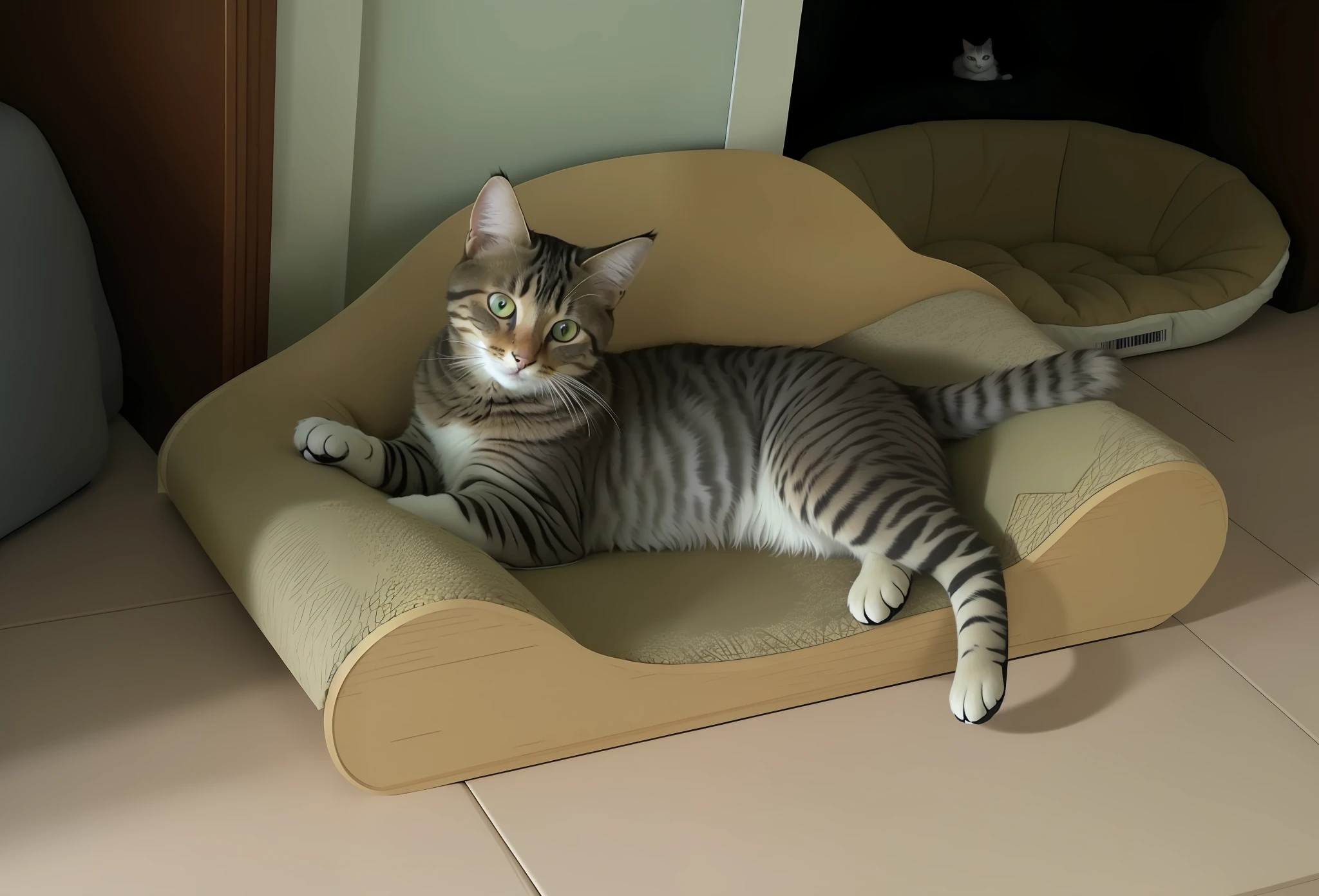 there is a cat that is laying on a cat bed, very comfy, cat design, laying back on the bed, sitting on the sofa, sitting on her bed, in a sun lounger, sitting on a bed, sitting on the bed, perched on intricate throne, sitting on a sofa, cardboard, kitten sandwish, complex!!, scratching post