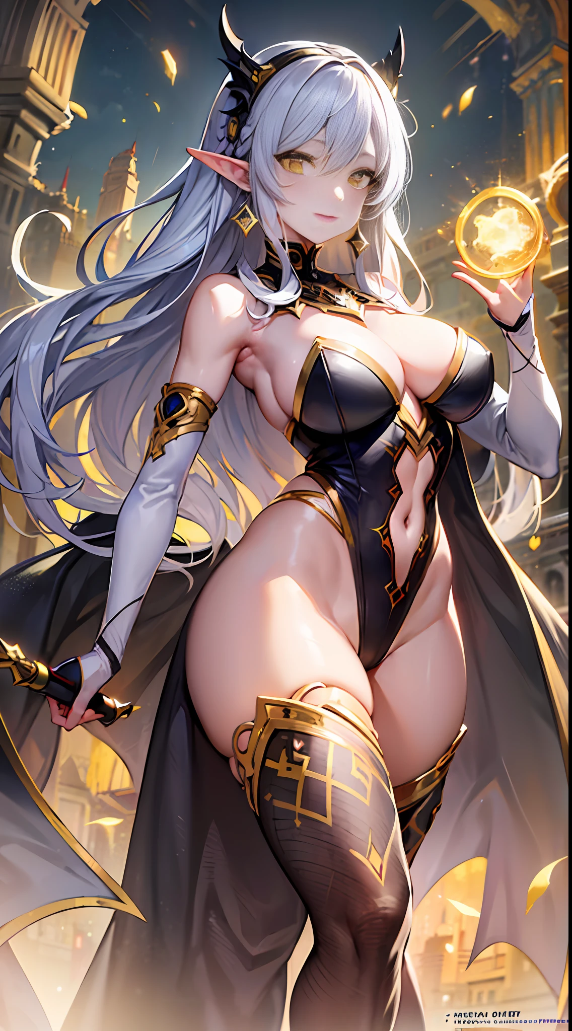 ((((masterpiece)))),watercolor,woman,(super fine illustration),extremely detailed,high quality, very_high_resolution, large_filesize,(ultra high res,highres),(highly detailed beautiful face and eyes), full color,((perfect anatomy)),((strong light coming in)),anime colored,official art,solo,woman,(((30 years old))),medium breasts,8k,((curvy)),silver hair,long hair,side braid,back look,beautiful eyes,nice face,best quality,high quality,hyper quality,very_high_resolution,(((yellow eyes))),light grin necklace,dark power,earrings,blacks robe,full body,(dynamic pose),dynamic angle,lens flare,2D,beautiful background,cinematic light,sunlight,black skin,dark magic power,dark Knight,(hand on hip),(elf),long blade equipment,
