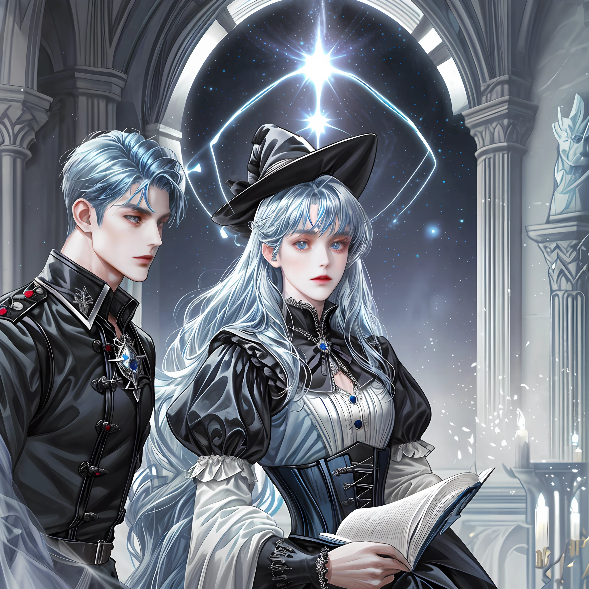 1 man, perfect looking, slim body, fair skin, dark purple hair, bicolor eyes (red and blue), Witch's hat, Holding a small wand, Holding a textbook, (Open the page), (Light up the wand), White shirt (2 top buttons), fluffy black miniskirt, black leather corset, high hair gather with bangs, light blue hair, background details, light blue magic, black red Avegee, Hydra 5 silver head,