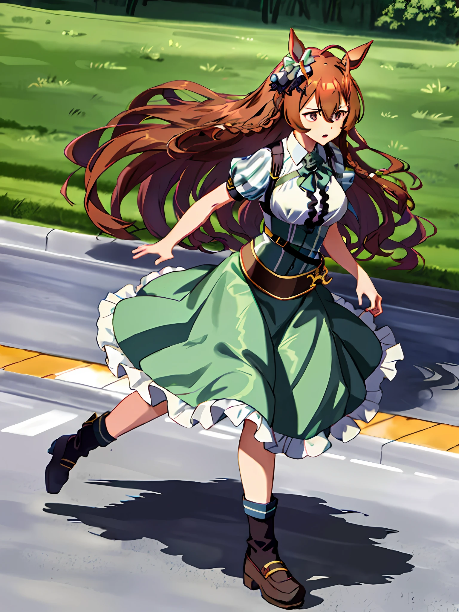 mejiro_bright_(umamusume), 1girl, solo, umamusume, horse girl, horse ears, horse tail, brown eyes, brown hair, long hair, serious expression, ear bow, frilled skirt, green skirt, high-waist skirt, puffy short sleeves, running figure, full body wide angle,