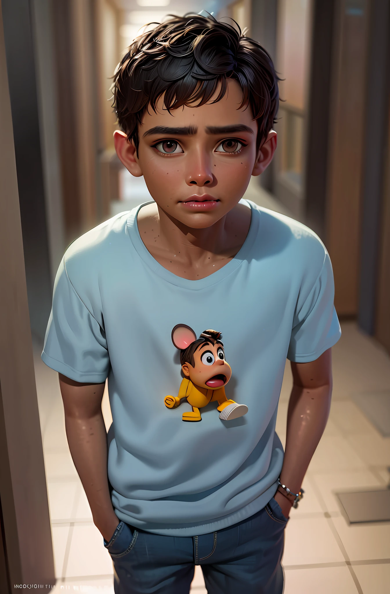 there is a young man that is standing in a hallway, photorealistic disney, disney render, small character. unreal engine 5, 3d character realistic, rendered in unreal engine 5, pouty look :: octane render, disney character, 3 d character render, arnold maya render, rendered in unreal engine 6, semi - realistic render, ultra realistic 3d illustration, DISNEY PIXAR 8K, REDRAW THE FACE MAKE HIM LOOK A LITTLE OLDER