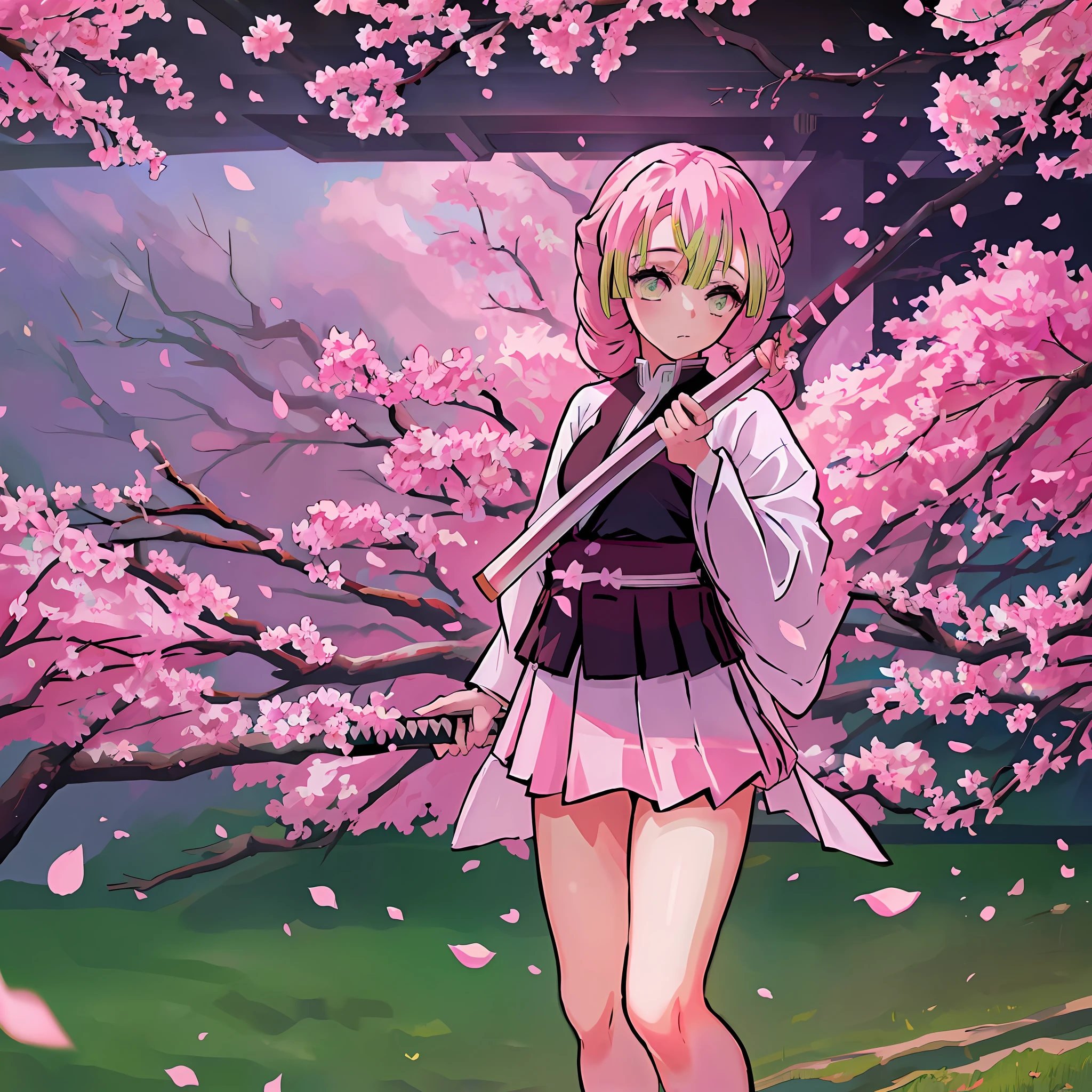 a girl in a sakura forest holding a katana, 1girl, beautyful, ultra detailed, kimetsu no yaiba, cute, solo, fullbody, good anatomy, standing, katana, beautyful body, sakura forest, beautyful legs, beautyful face, high quality, anime, beautyful background, beautyful, kimono, masterpiece