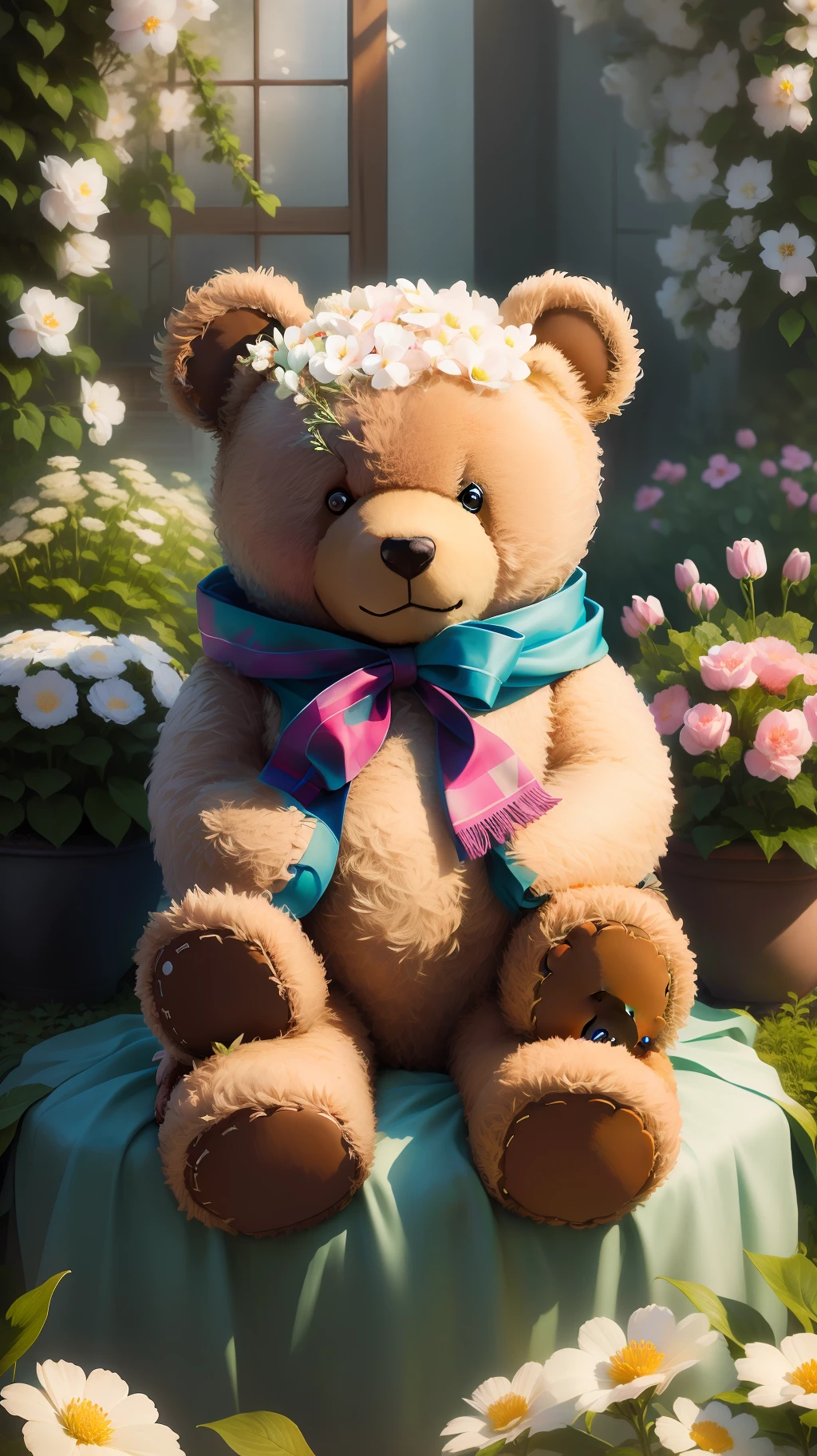 Teddy bear (realistic) sitting in a beautiful garden of frost and flowers