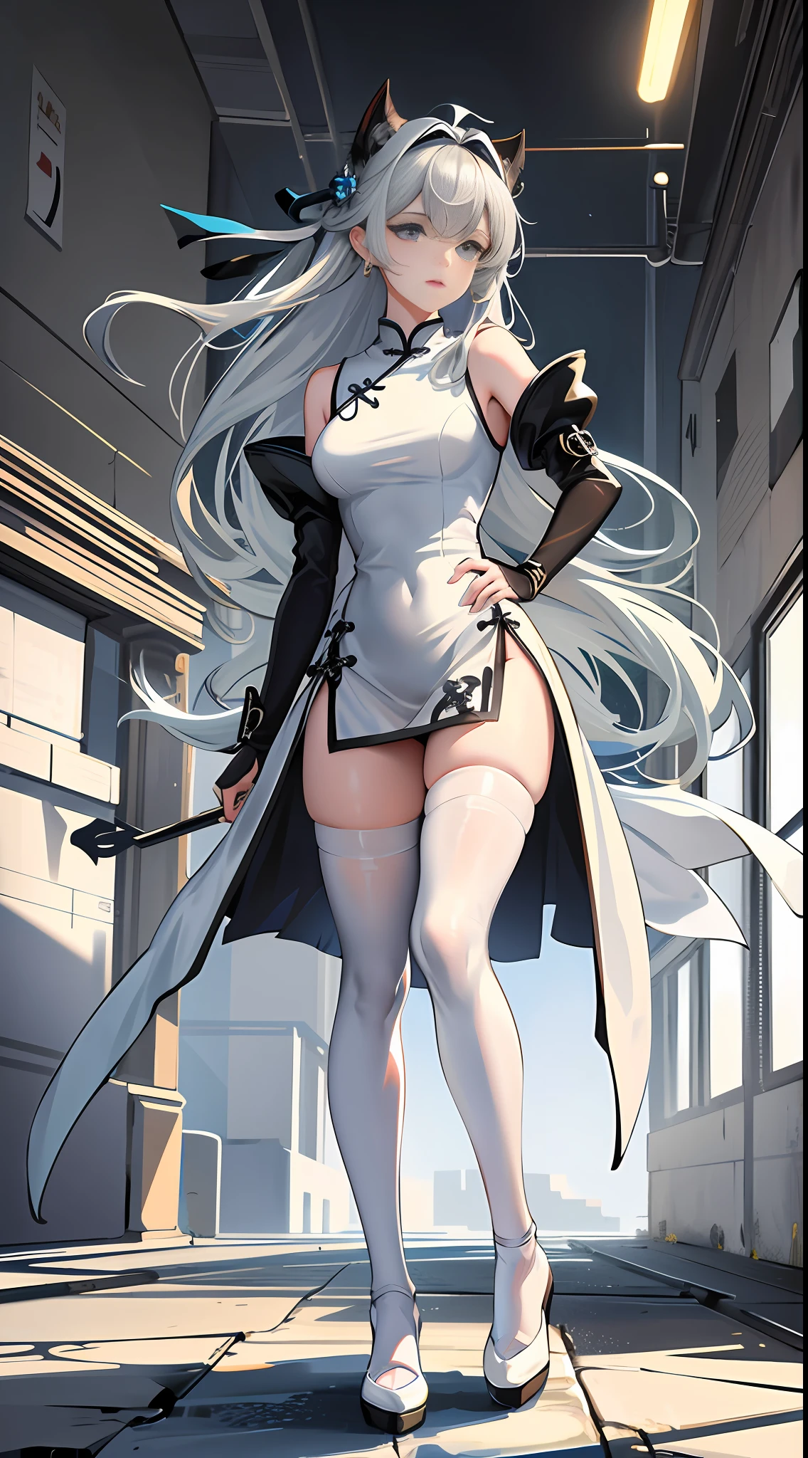 (1girl), overexposed, (wet clothes), solo, ultra-detailed, illustration, full body, detail accessories, (best quality), ((masterpiece)), (very detailed 4k cg), very detailed wallpaper, (very delicate and beautiful), arknights_mint, long hair, gray hair, blue eyes, black ribbon, catwoman, headband, ribbon, bangs, ahoge, {(((China_dress)))}, Highleg, thick thighs, white leggings, arms behind the back,