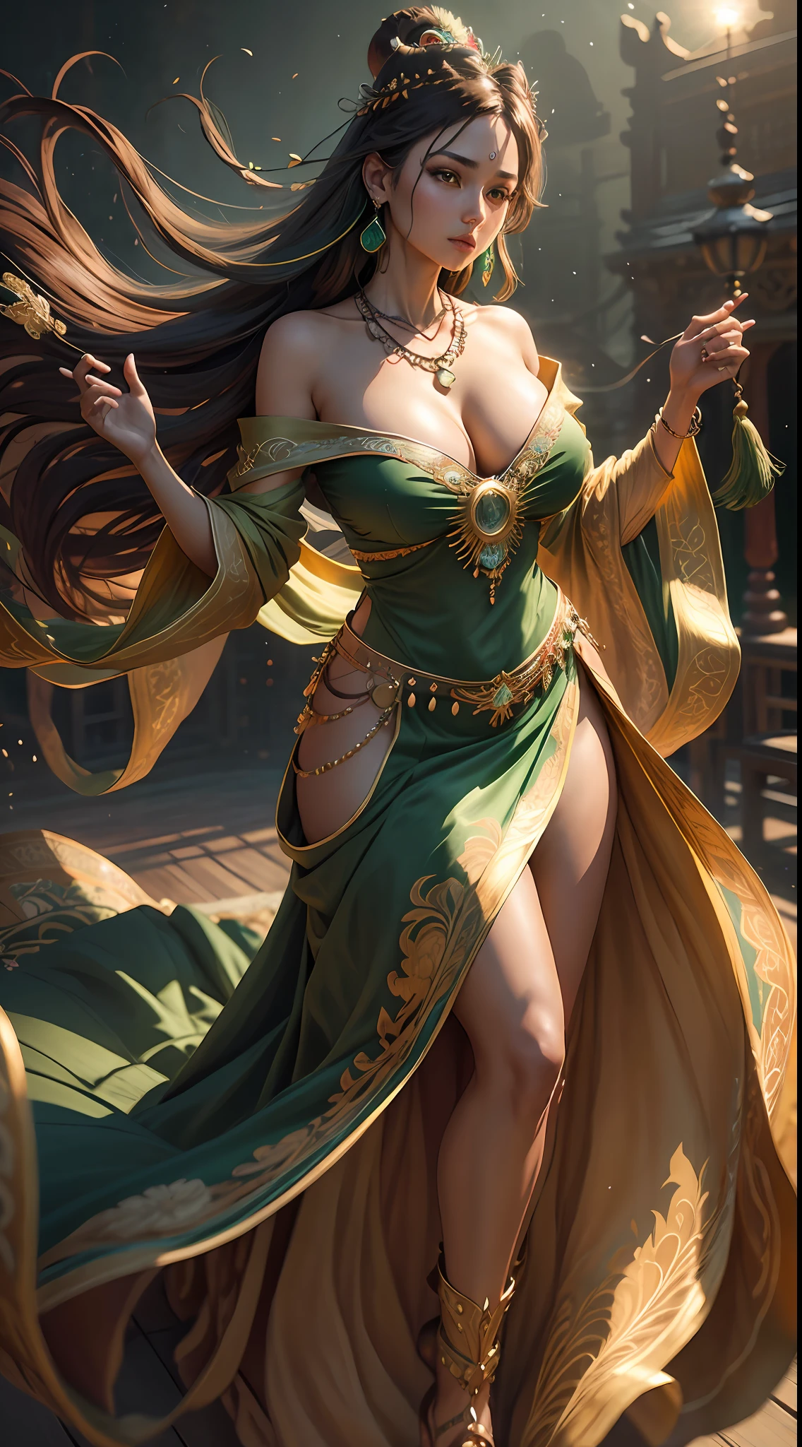 Best quality,masterpiece,ultra-detailed high res,(photorealistic:1.4),raw photo, tanned brown skin,illustration,
1girl dancing,(solo:1.2),(cowboy shot:1.2),(hair crown:1.2), green Traditional chinese dunhuang style clothes,Strapless,(green eyeliner:1.2),(big breasts:1.4), (v-neck:1.5), (big necklace:1.4), lace armour, earrings,dynamic angle,Opera House,messy_long_hair,ink,cinematic lighting,lens_flare,Velvet,chrysanthemum,Tassel,Ribbon,color embroidery, underwater scenery
