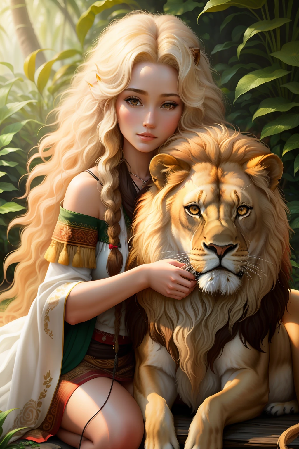1Girl and 1lion, very long white curly hair, stroking lion, photorealistic, natural skin texture, jungle, flowers, sharpe focus