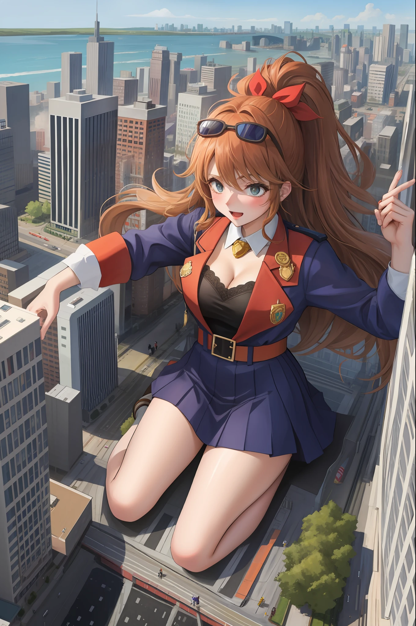 The giantess destroys the city, the little people panic, the giantess grabs a bus with people, the giantess holds the bus with two fingers