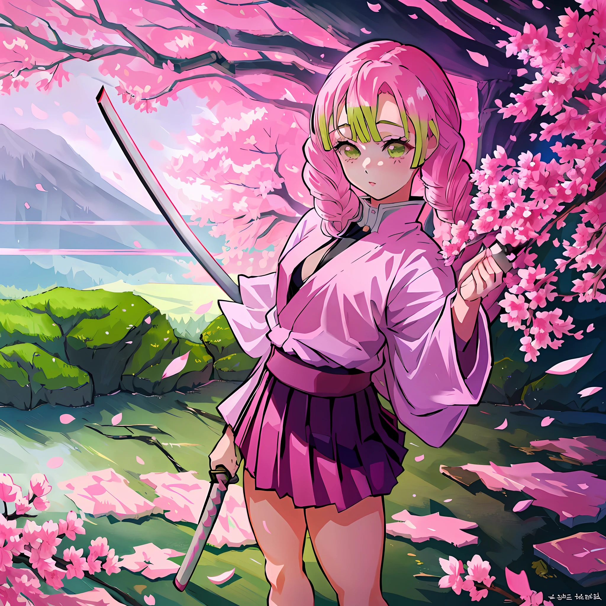 a girl in a sakura forest holding a katana, 1girl, beautyful, ultra detailed, kimetsu no yaiba, cute, solo, fullbody, good anatomy, standing, katana, beautyful body, sakura forest, beautyful legs, beautyful face, high quality, anime, beautyful background, beautyful, kimono, masterpiece