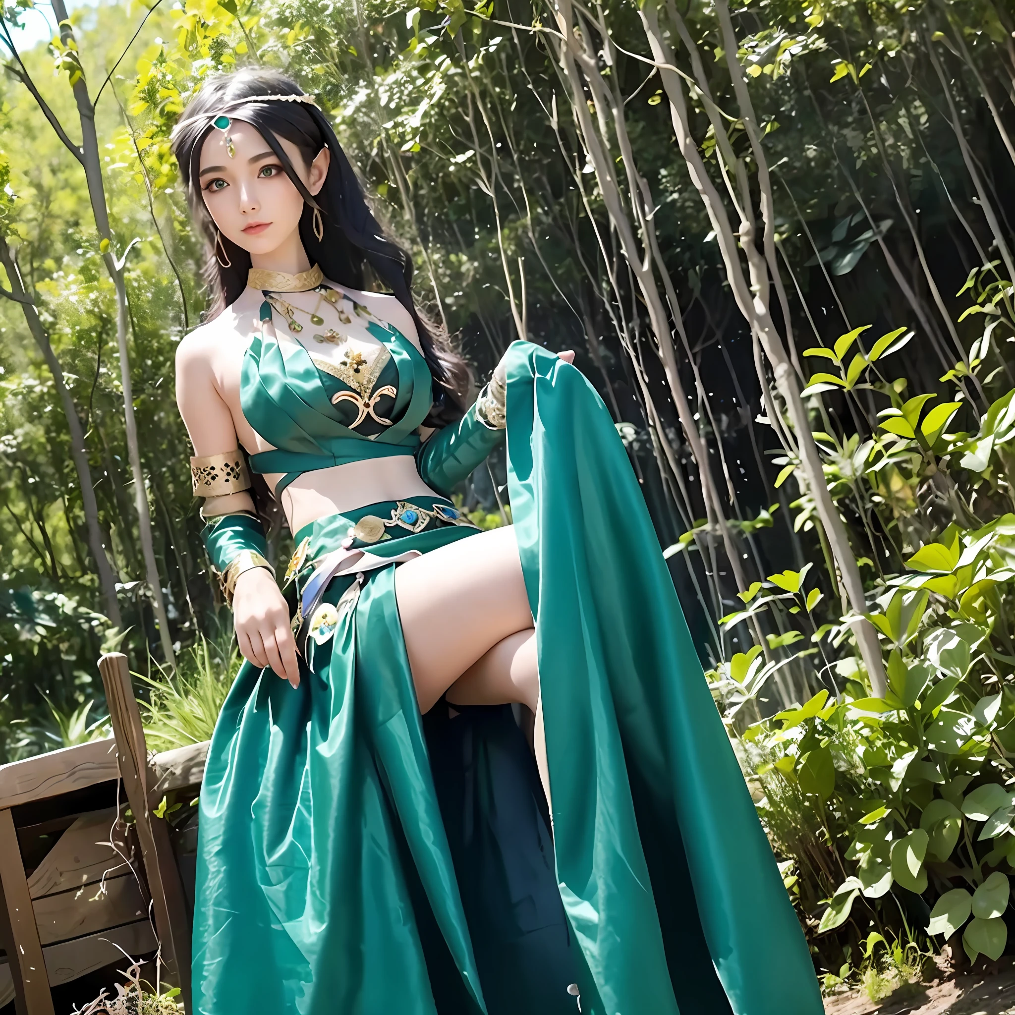 Arad teenager in green dress, in the woods, very beautiful elf top model, elf princess, beautiful fantasy girl, fantasy style costume
