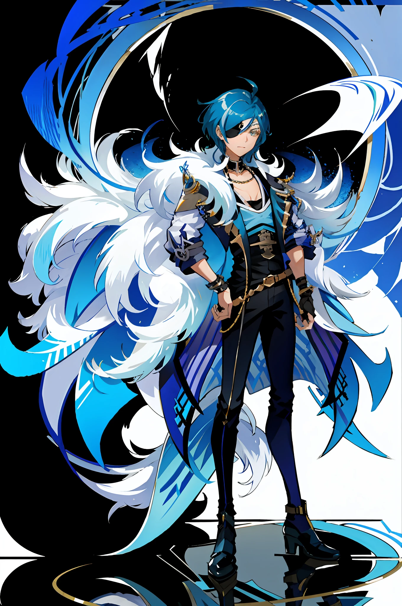 kaeya 1male, blue hair, eyepatch, charter Layout,full body,stand at attention,look at viewer,fancy clothes,detail clothes,black background, shattered mirror glass